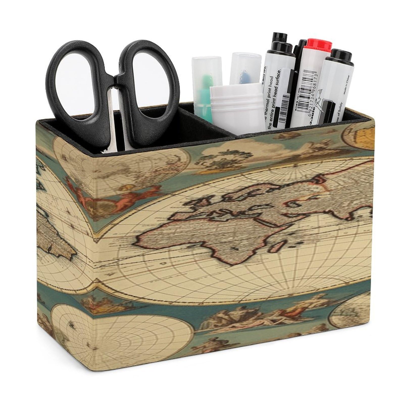 VstaDank World Map Retro Pen Holder Double Compartments Pen Cup Fashion Makeup Brush Holders Leather Pencil Holder for Work Locker Accessories Modern Pencil Cup for Desk Organizer