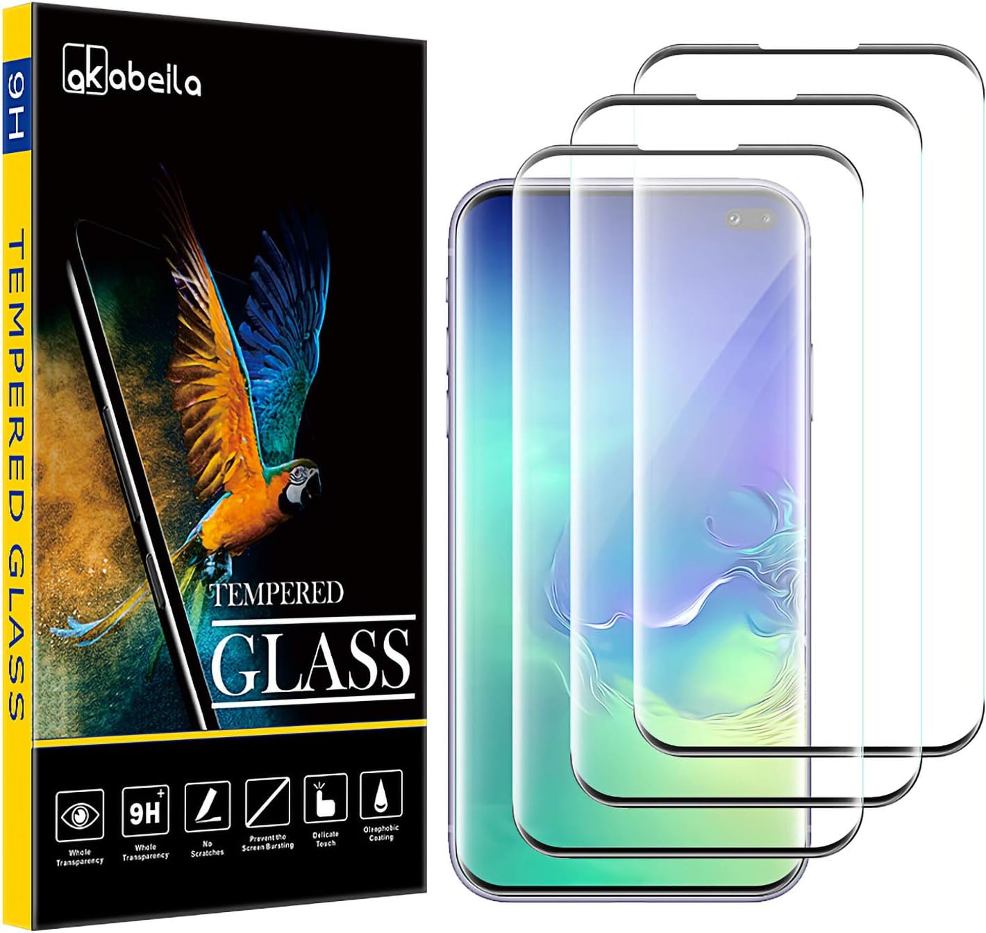 AKABEILA [3 Pack Screen Protector for Samsung Galaxy S10 Plus HD Tempered Glass Protective Film 9H Hardness Case Friendly Easy Installation Anti Scratch Bubble Free Black