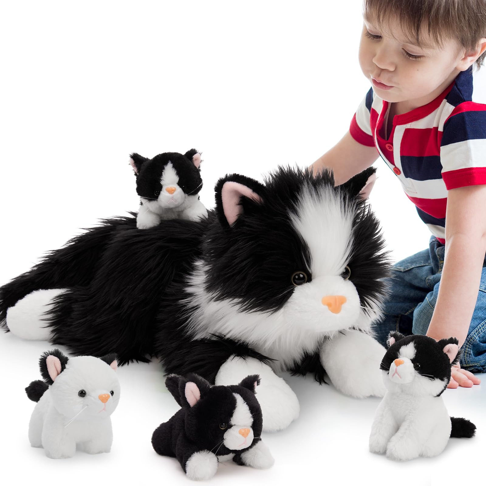 MorisMos Gatto Peluche con Cuccioli nella Pancia, Realistico Gattino Pupazzo Giocattolo di Peluche Grande Morbido Kawaii, Carino Regalo per Bambini Ragazza Ragazzo Compleanno Natale (50cm)