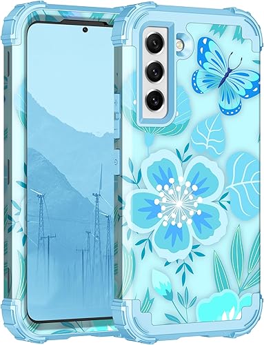 LONTECT Funda protectora resistente 3 en 1 para Galaxy S22 5G, diseño floral, a prueba de golpes, funda protectora resistente para niñas y mujeres,