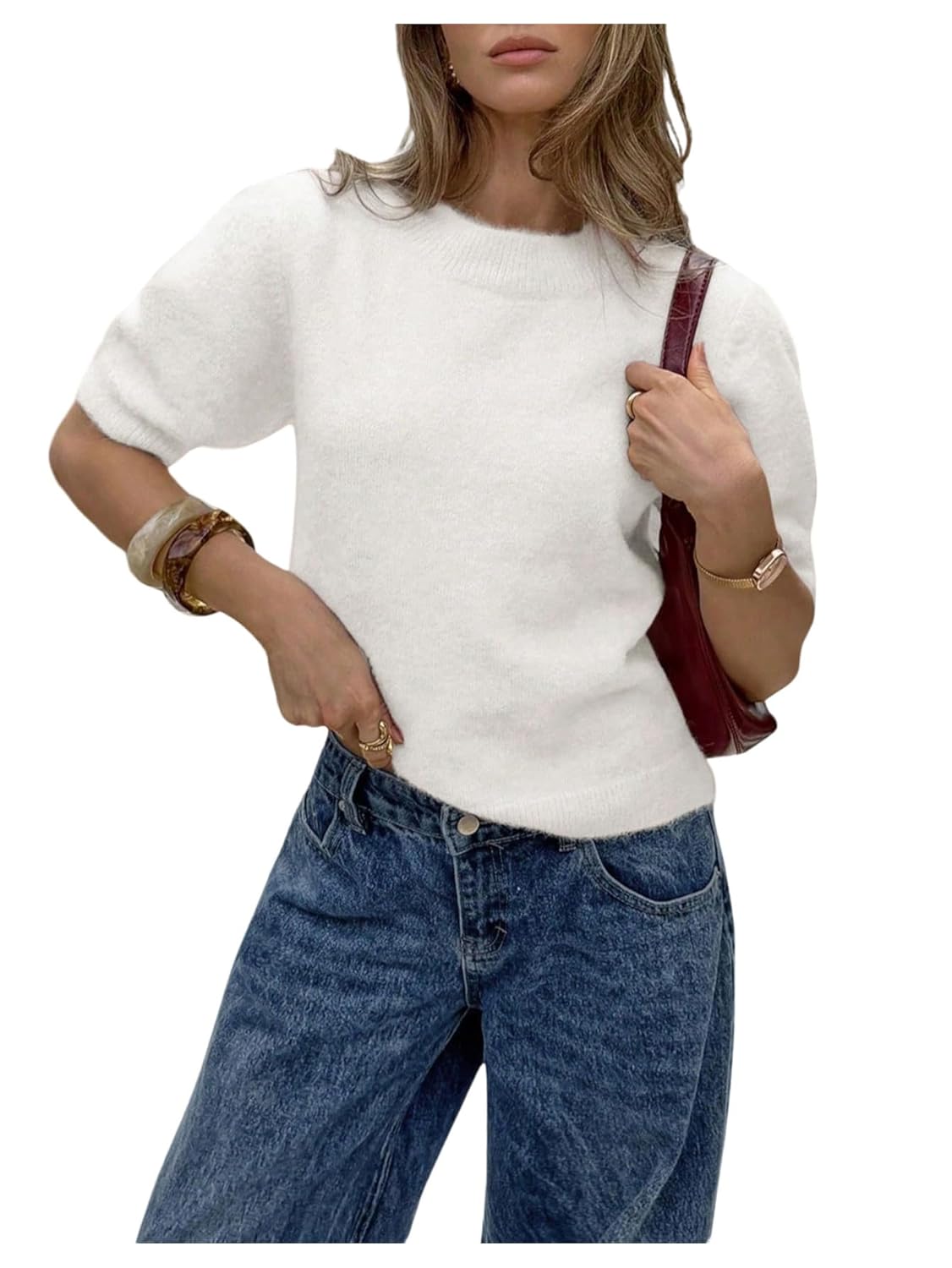 GORGLITTER Womens Puff Short Sleeve Sweater Fuzzy Crew Neck Cropped Knit Cozy Pullover Sweaters Fall Trendy 2025