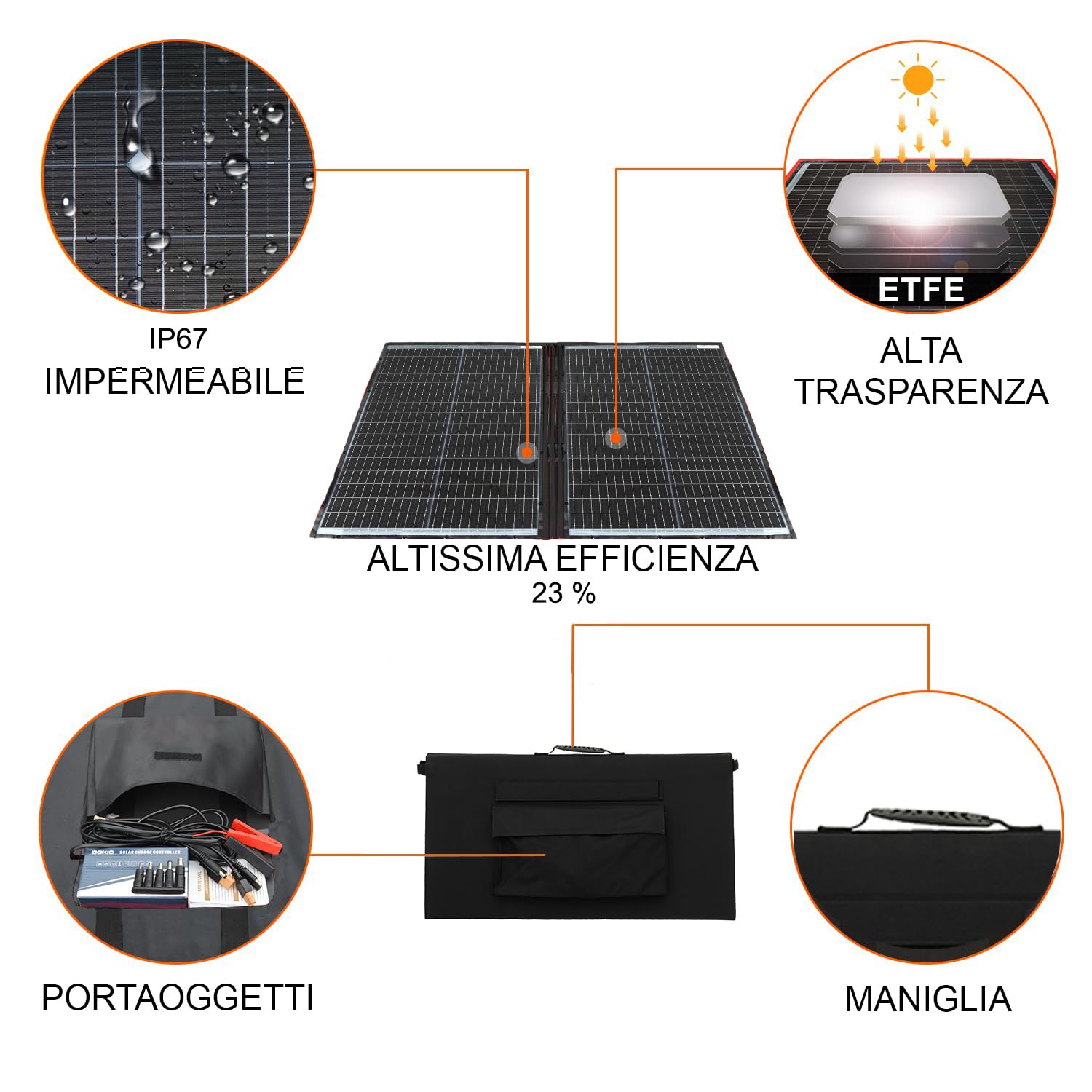 Esolution Pannello Solare Pieghevole 200W 300W Foldable Fotovoltaico Monocristallino ETFE con controller solare 12V 20A, Uscita MC4, IP67 per Auto, Camper, Campeggio, Viaggio, Power Station (300 W)