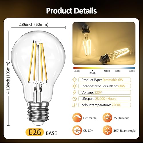 Miniatura 2 de CRIRY Bombilla LED E26 regulable equivalente a 60 W, 6 W, 2700 K, luz blanca cálida y suave, bombillas LED ST58 para sala de estar, dormitorio al
