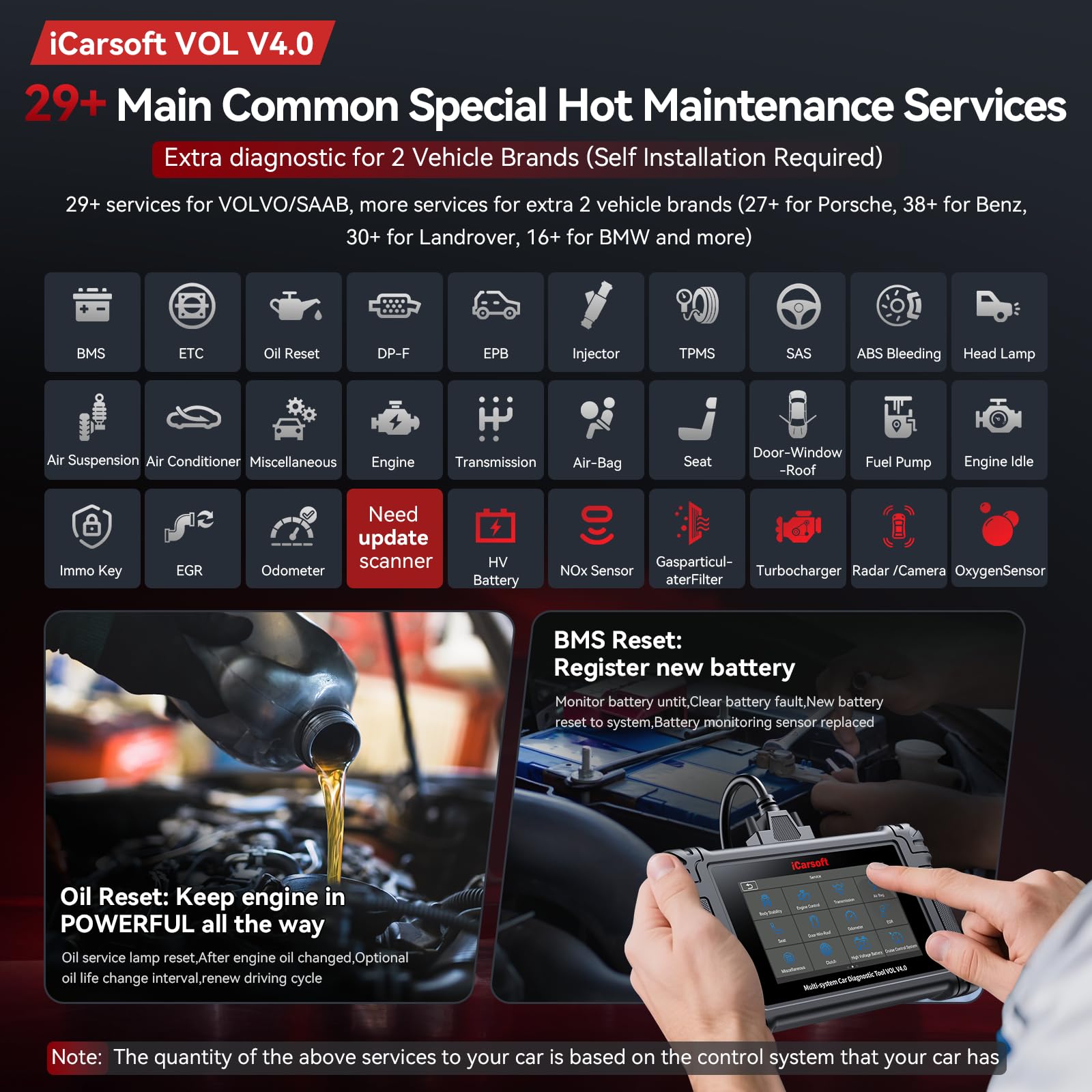 iCarsoft VOL V4.0 Bidirektionales Diagnose-Scan-Tool für Volvo/SAAB OBD2-Scanner + 2 Fahrzeugmarken, alle Systeme, alle Reset-Funktionen/Aktivierungstest/Batterie-Registrierungstool