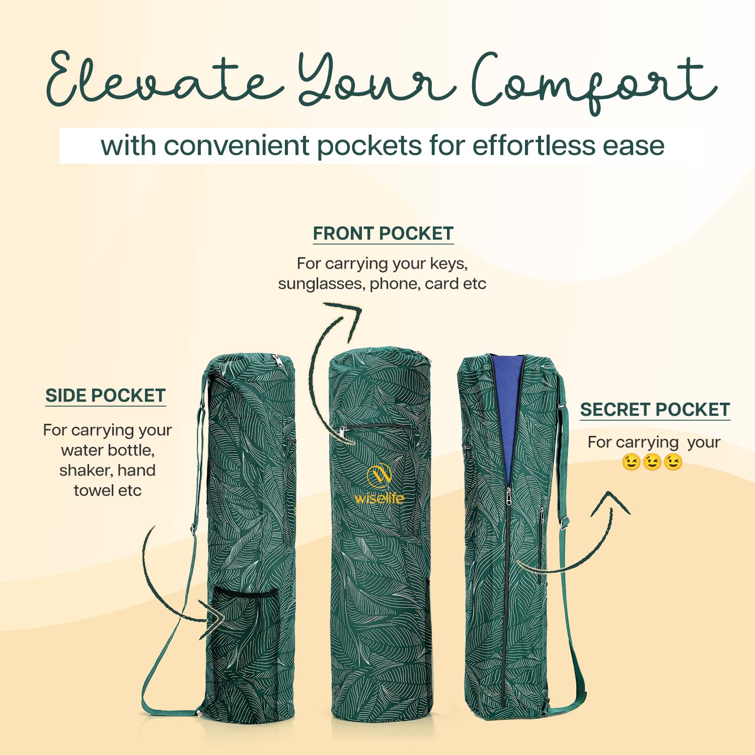 Wiselife Yoga Mat Bag Premium Carry Bag, Full Easy Access Zip, Multi Functional Storage Pockets & Adjustable Shoulder Strap Green Leaves 1