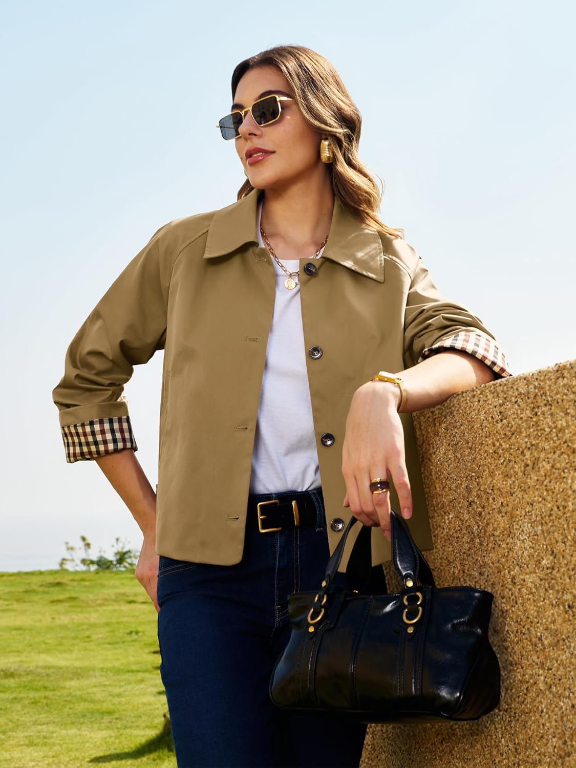 ELLEVEN Womens Oversize Trench Coat, Plaid Lining Single Breasted Fall Crop Jackets with Pockets Fashion Outerwear - Image 3