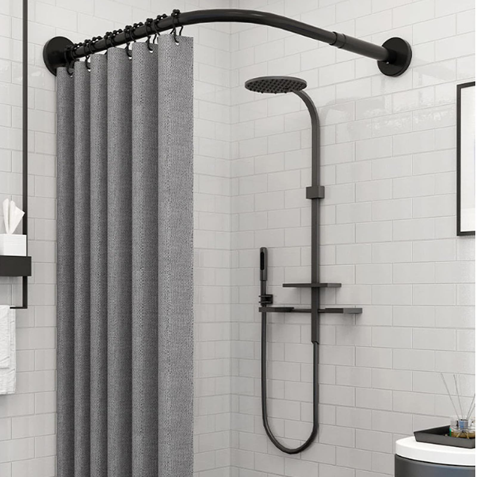 Barra de cortina de ducha curvada sin taladrar en forma de L, barra de ducha de acero inoxidable 304, barra de tensión para baño, 95 x 95 cm, color negro, fácil instalación, diseño que ahorra espacio