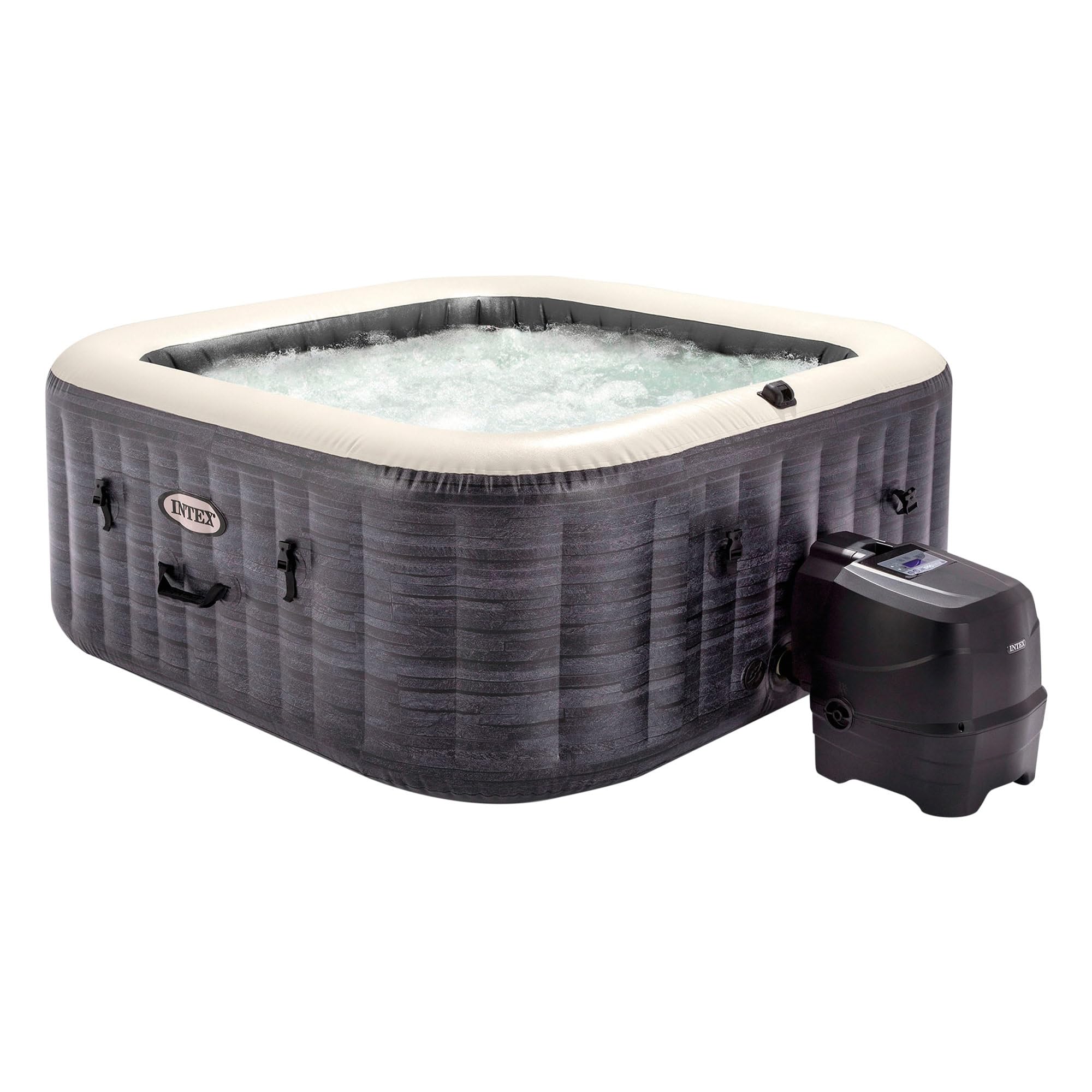 Intex Spa hinchable cuadrado Greystone Deluxe 4 personas, 175x175x71 cm, Calentador 2.200 W, Burbujas aire caliente, Clorador salino, Depuradora con filtro S2 (1.741 l/​h), Accesorios incluidos (55093)