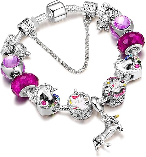 YOUFENG Pulsera de Dijes de Cuentas de Amor para Mujeres Cadena de Serpiente Dije de Unicornio Dijes de Flores Pulseras Regalos de Cumpleaños para