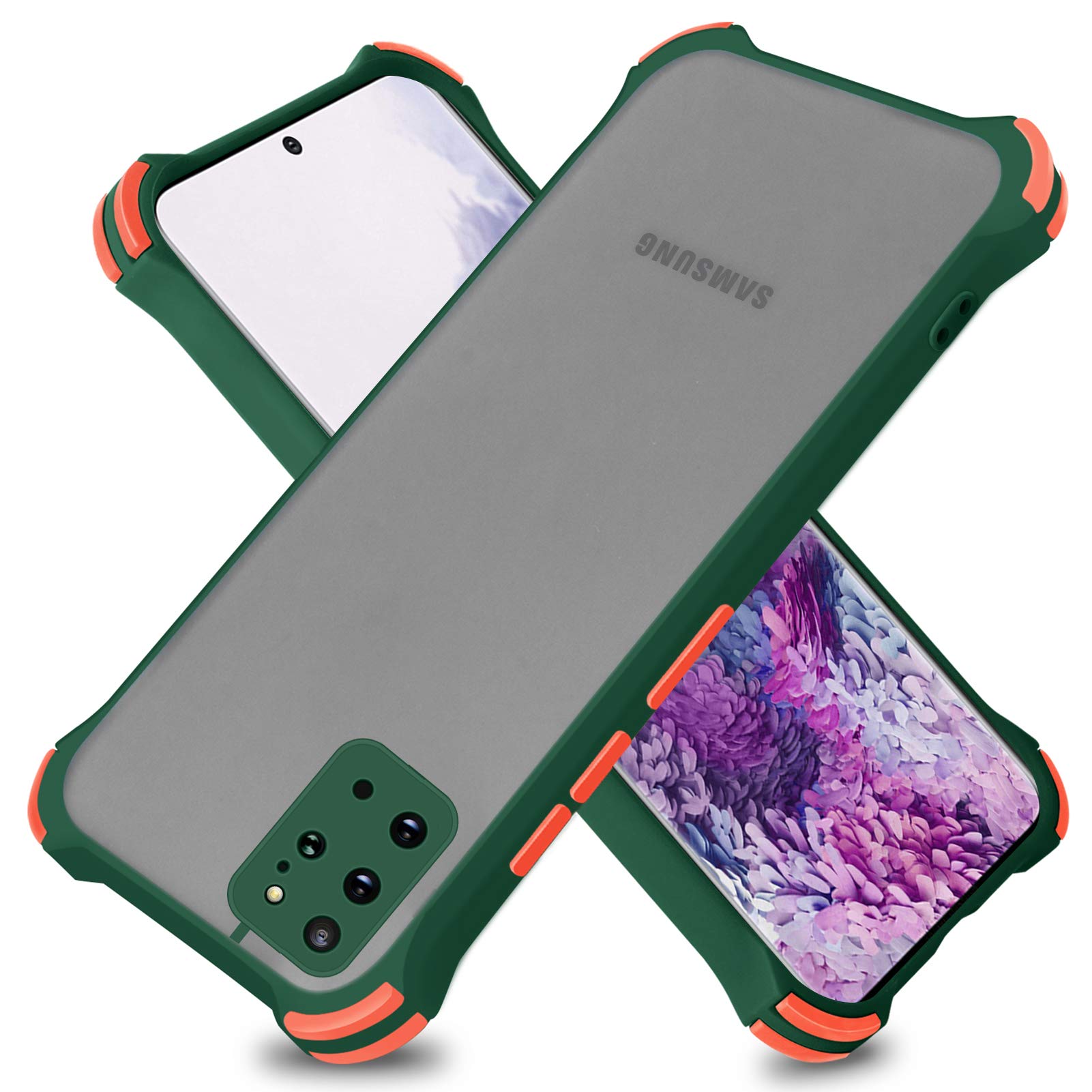 Samsung Galaxy S20 Plus Case, Camera Lens Protective Half Clear Matte Hard with 4 Corners Shock Skid Proof Scratch-Resistant PC+TPU Protection Cover Case for Samsung Galaxy S20 Plus -Dark Green/Orange