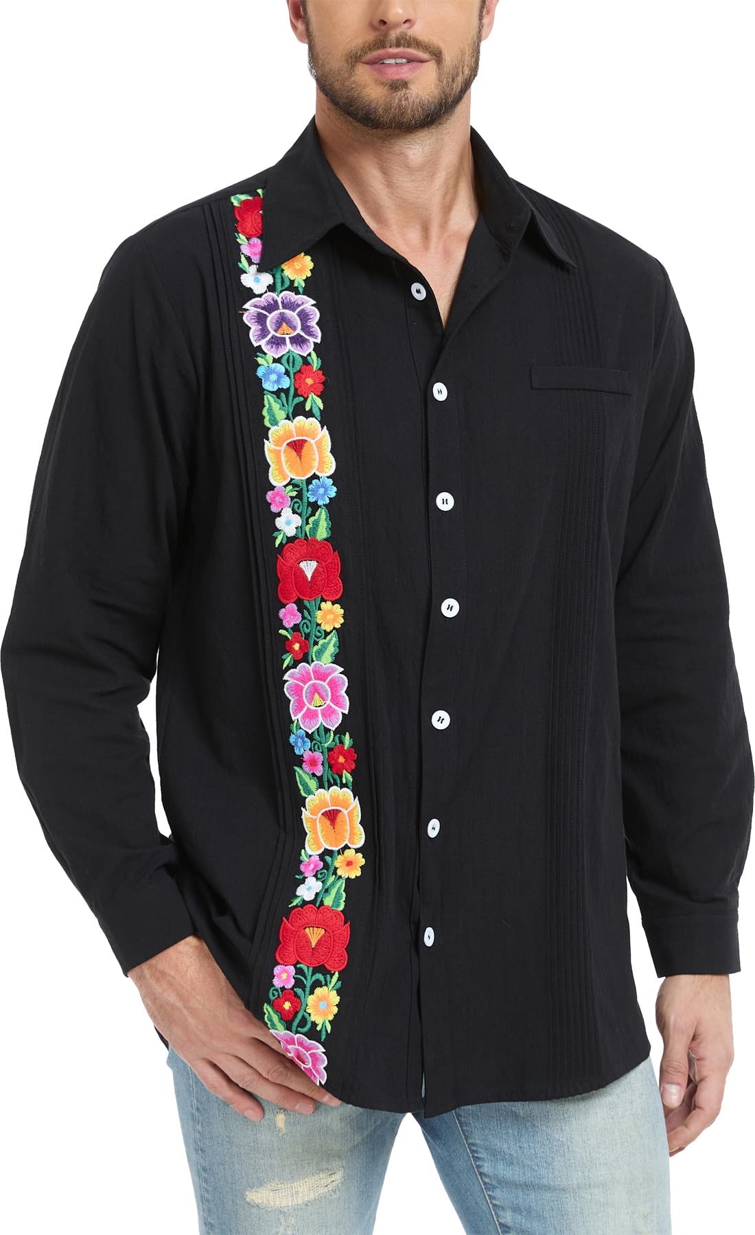 YZXDORWJ Men's Mexican Shirts Cuban Guayabera Shirt Casual Long Sleeve Embroidered Linen Summer Beach Shirts