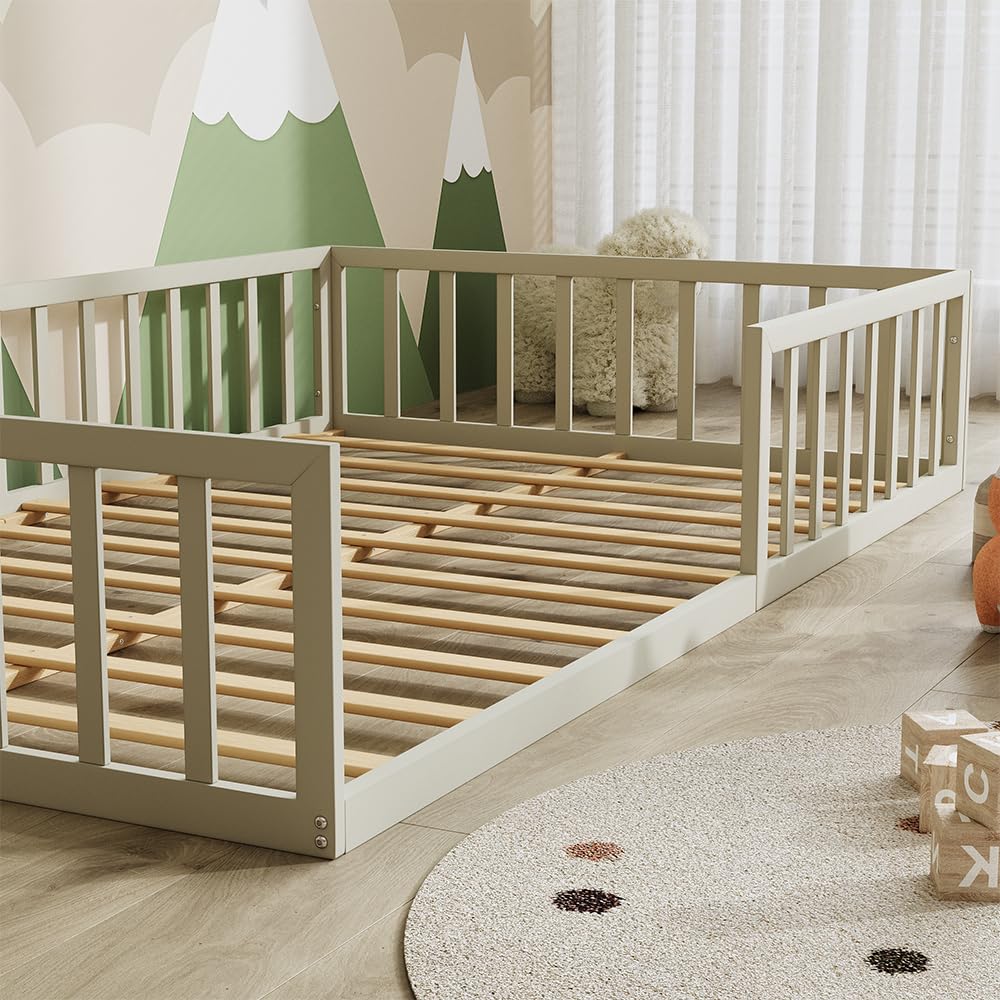 VitaliSpa Letto a pavimento Minno 120x200, letto bambini in metallo, letto Montessori con protezione anticaduta, bassa altezza d’ingresso, greige