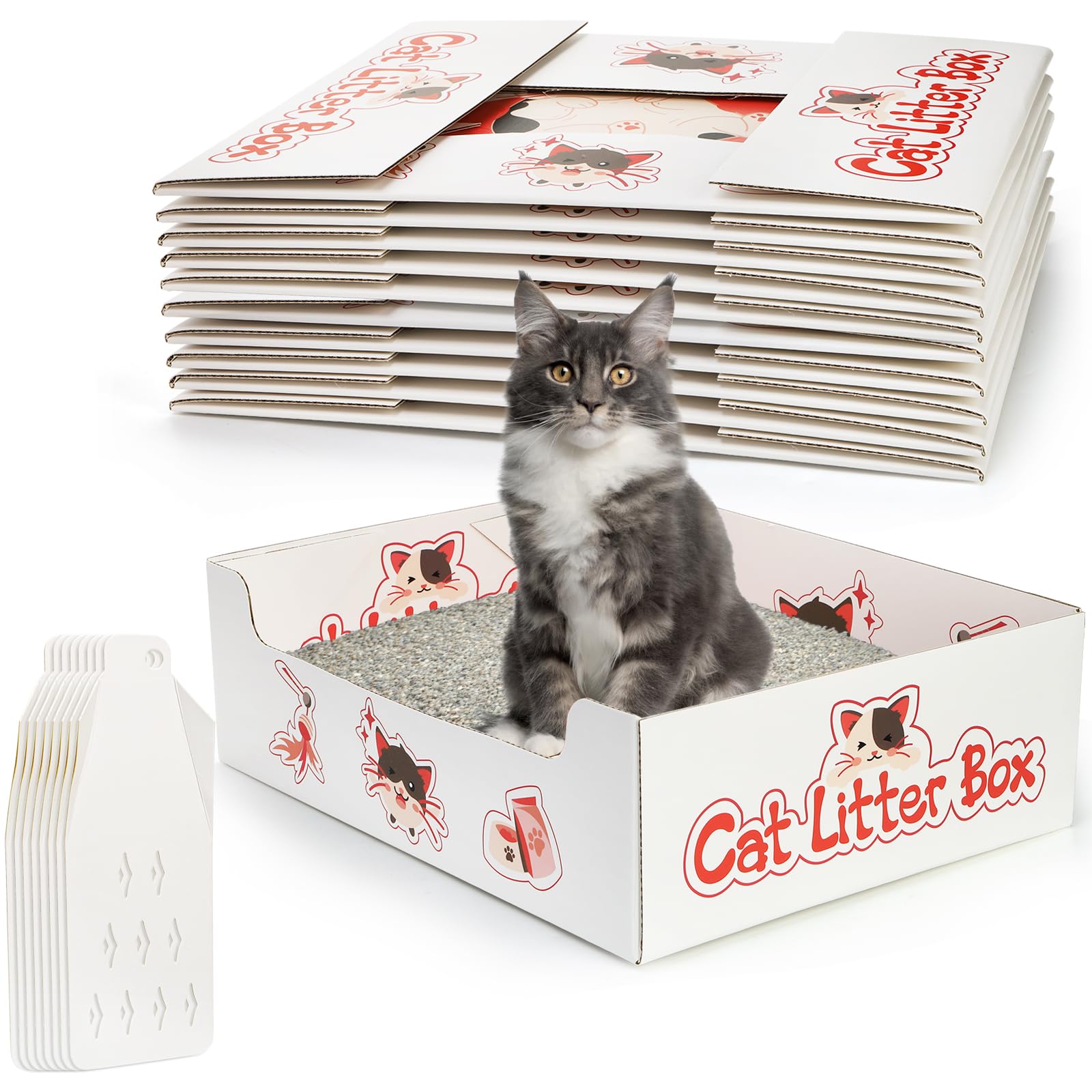 Lawei 8 Pack Disposable Litter Boxes for Cats, Foldable Travel Kitty Litter Box with Scoop, Portable Double Layer Waterproof Litter Tray for Cats