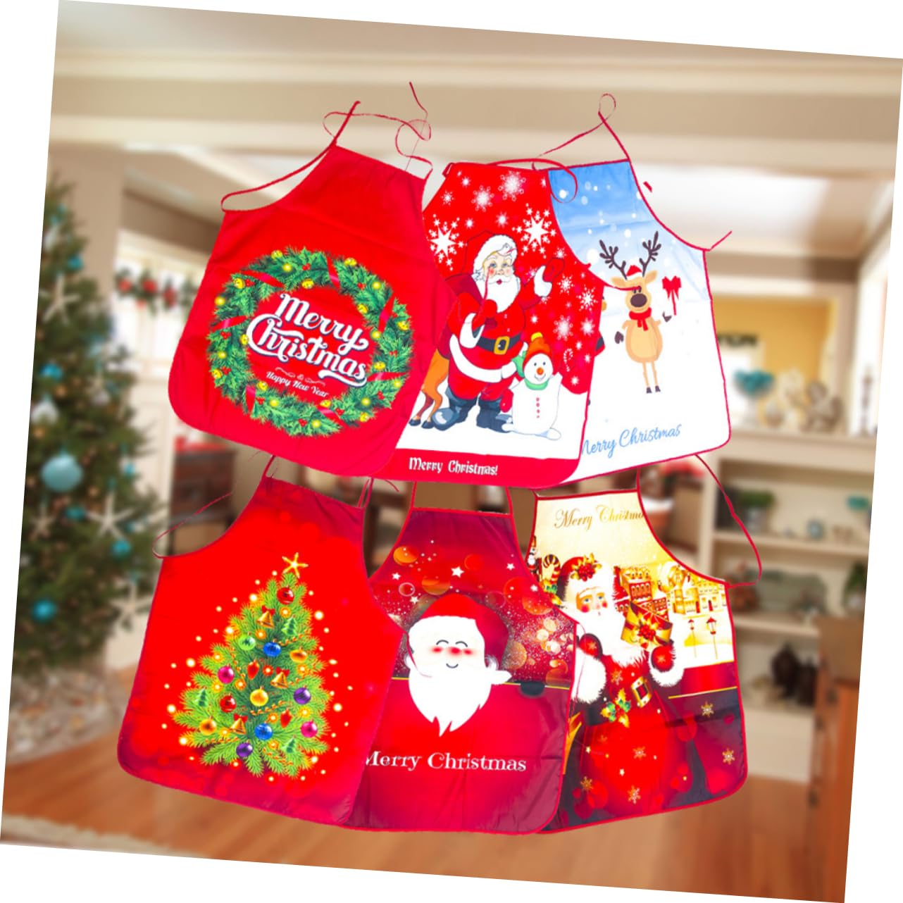 BESTYASH 10 Piezas Delantales Rojos para Adultos Diseño Navideño y Árbol Ajustables Tela Reutilizables para Cocina y Fiestas