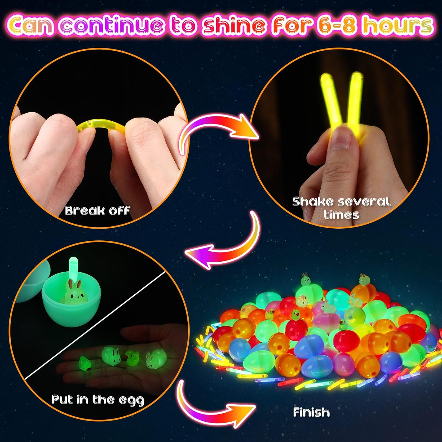 640 Pcs Easter Basket Stuffer 180 Easter Eggs with 360 Mini Glow in The Dark Sticks and 100 Luminous Mini Resin Rabbits and Ducks, Weddings Classroom Decorations Prizes