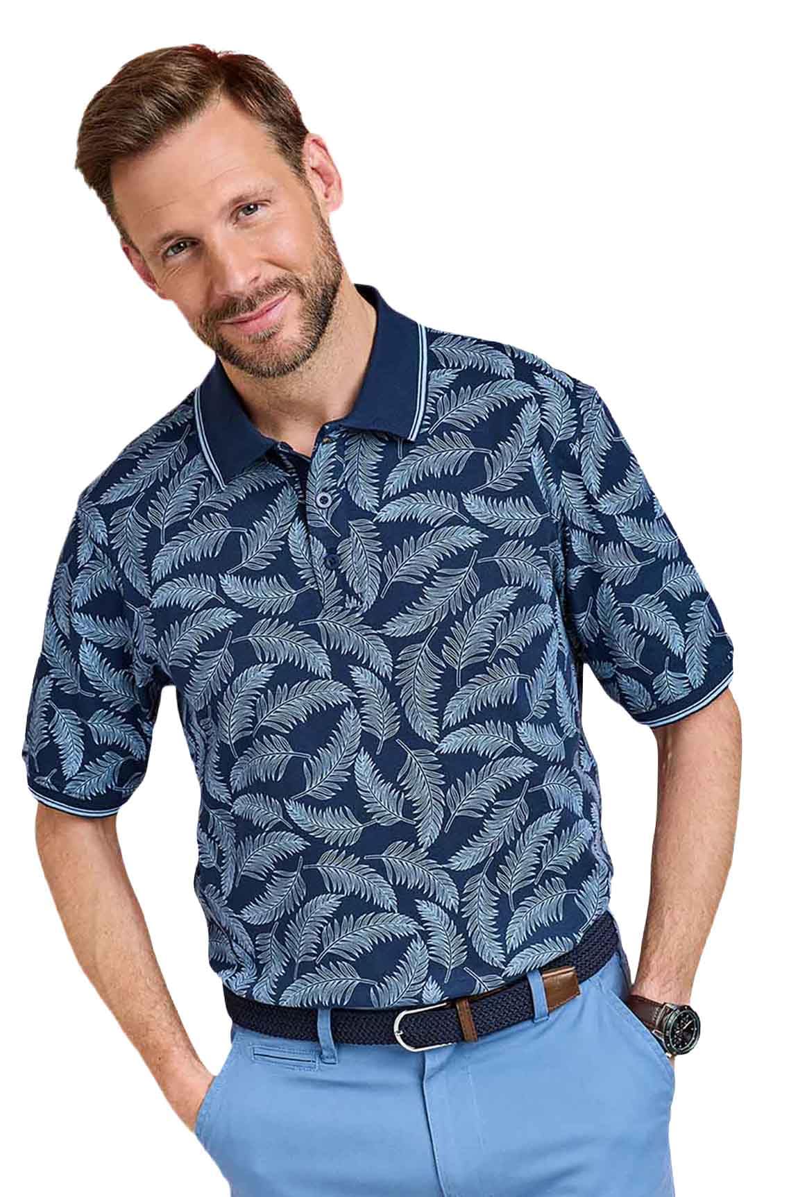 Pegasus Men's 100% Cotton Palm Print Polo Shirt, Short Sleeve, Flat Knit Collar, Casual Relaxed Fit Navy XL
