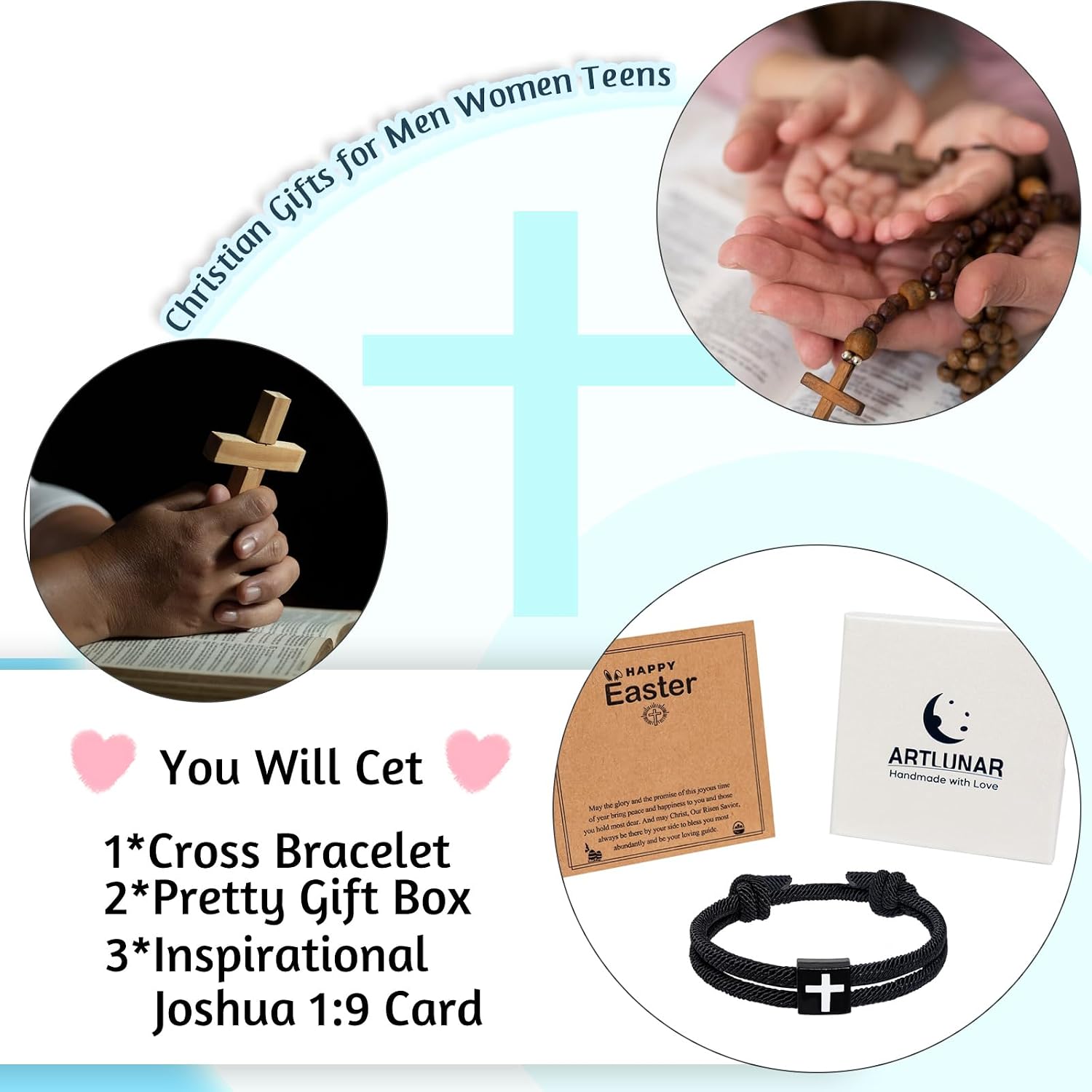 Artlunar Christian Gifts for Men Women Teens Bible Verse Joshua 1:9 Cross Bracelet Braided Rope Adjustable Bracelet Baptism Confirmation First Communion Gifts