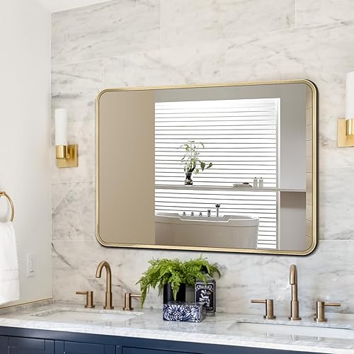 Miniatura 7 de LAMCHMOR Espejo de baño para pared, espejo rectangular redondeado de 20 x 28 pulgadas, espejo de tocador de baño dorado, espejo de pared para sala
