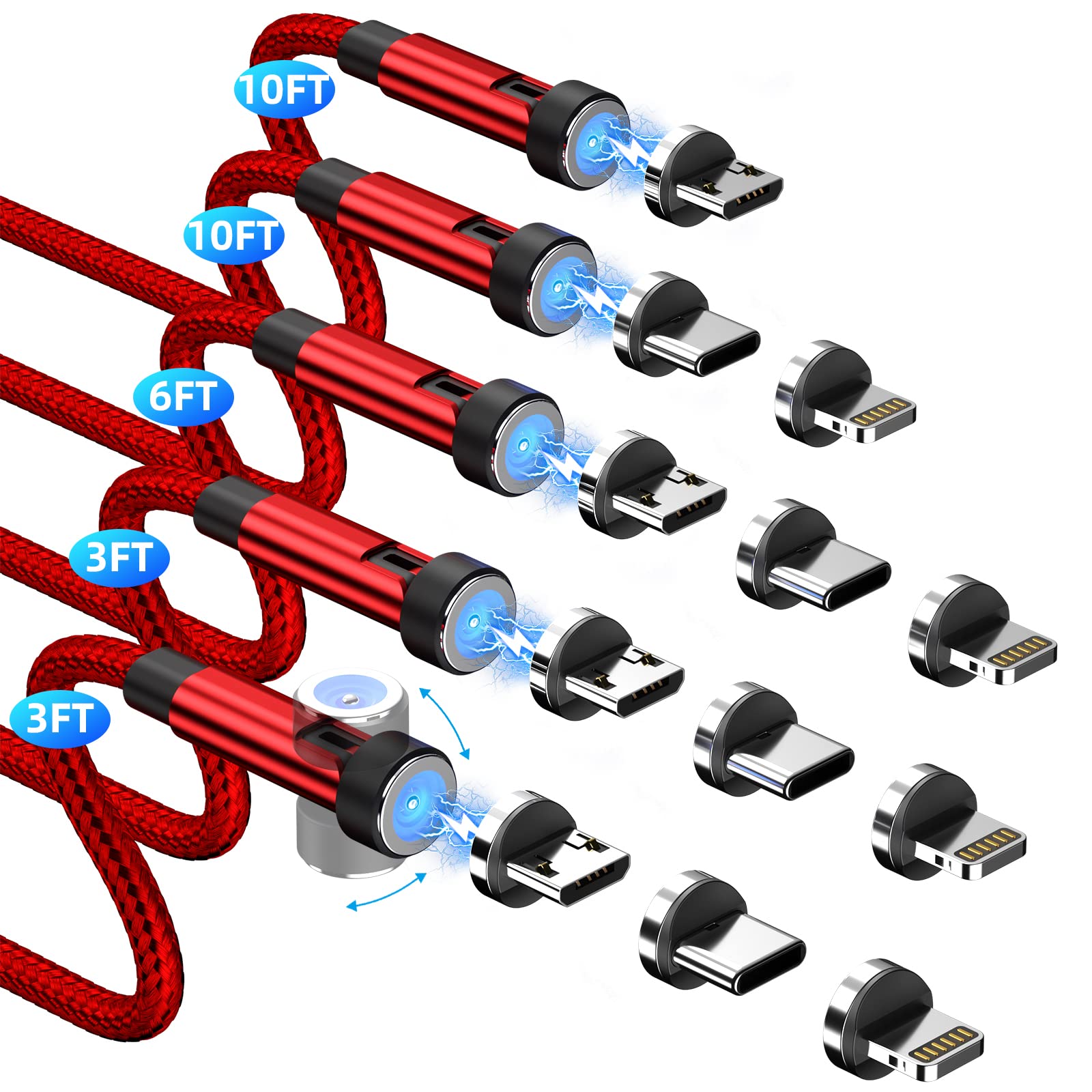 5-Pack Magnetic Charging Cable [3/3/6/10/10FT] 3 in 1 Magnetic Phone Charger 360&180 Rotating Cable with LED Light Nylon Braided Cord for Micro-USB,