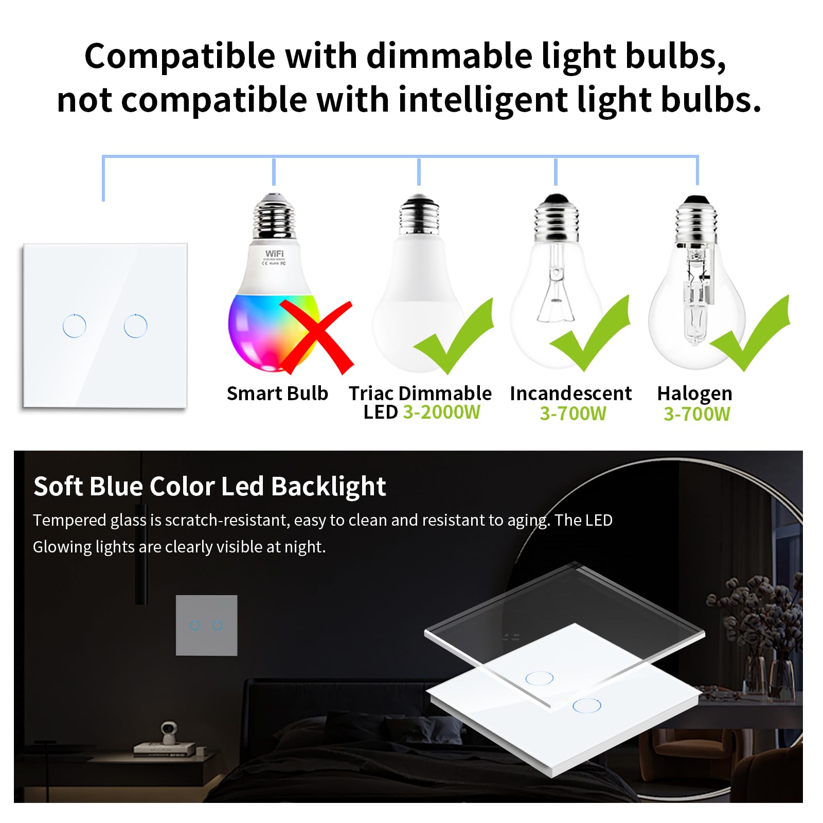 CNBINGO Smart Dimmer Switch for Dimmable LED Light, Voice Control by Alexa, Remote Control by Smart Life App, WiFi Touch Light Switch with Glass Wall Plate, Backlight, Neutral Wire Required - Image 3