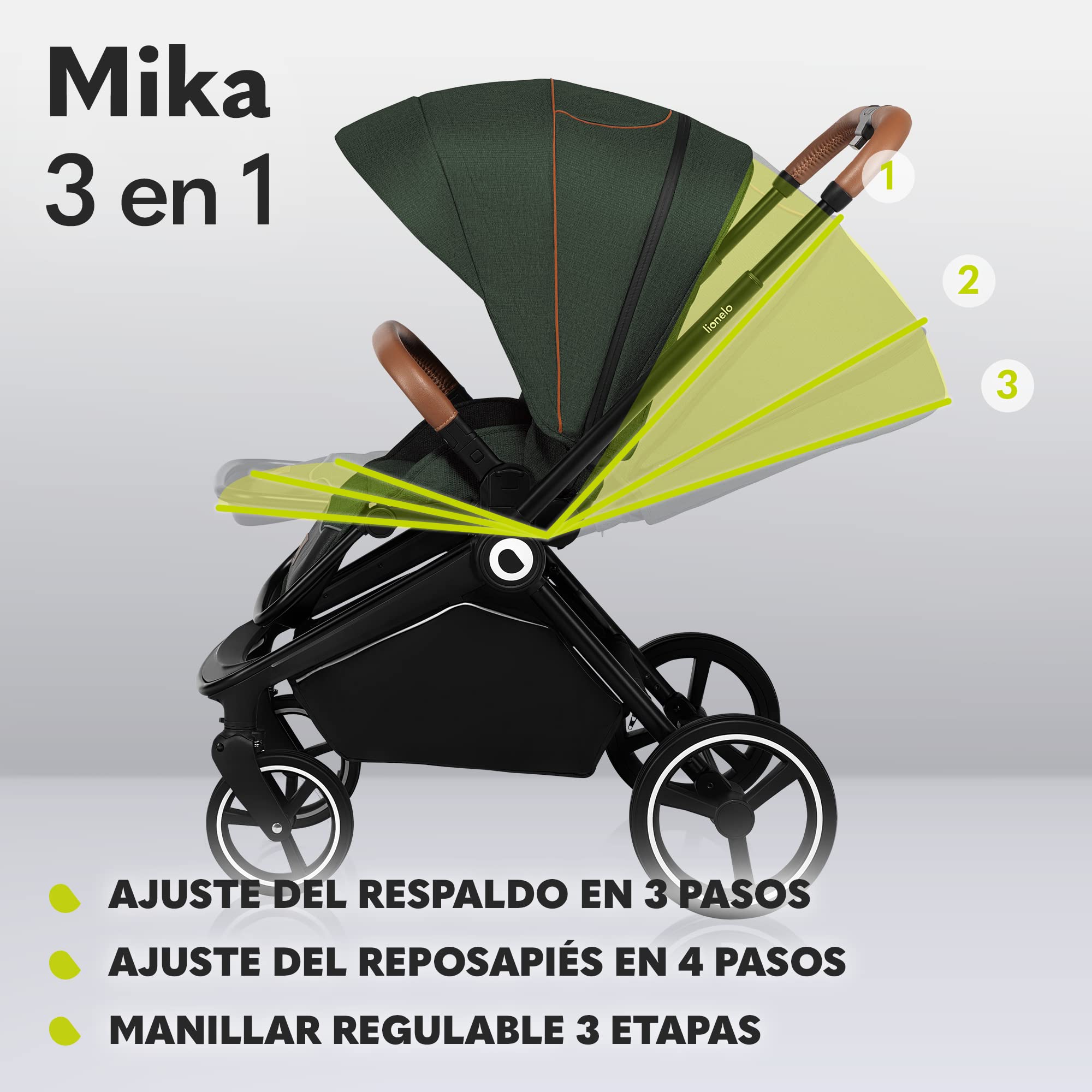 LIONELO Mika cochecito de bebé 3 piezas, coche de bebé 3 en 1, carrito para bebé, carro bebé 3 piezas el conjunto, silla de paseo, capazo y silla de coche