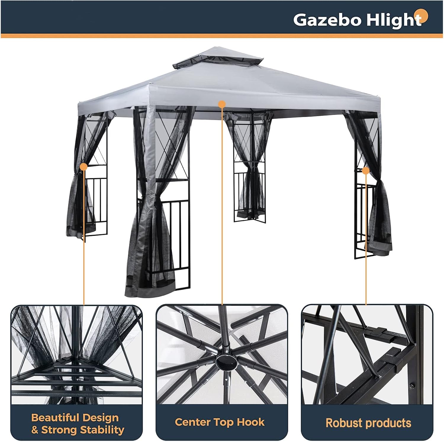 10' x 10' Patio Gazebo with Mosquito Net and Corner Shelves, Light Gray