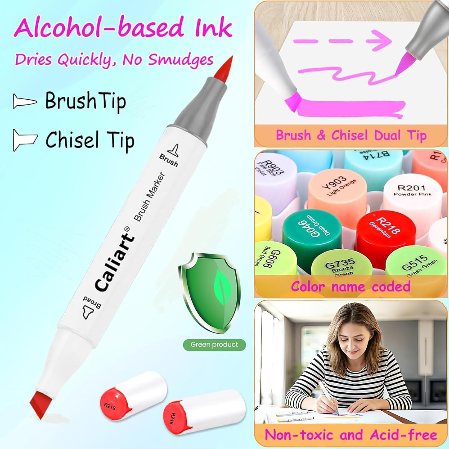 Caliart Alcohol Markers Brush Tip - 121 Colors Dual Tip Art Markers Set for Adult Coloring Books Artist Drawing Illustration Sketching, with Case Permanent Alcohol Based Colored Chisel & Brush Pens - Image 2