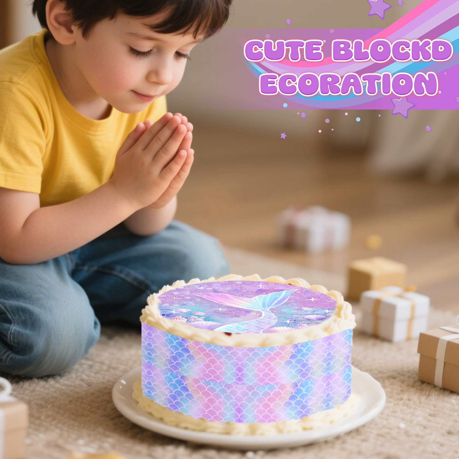 Decoración para Tartas de Sirena, Oblea Sirenita, Papel Comestible, Cinta 24cm x 5cm, Fiestas Cumpleaños Morado