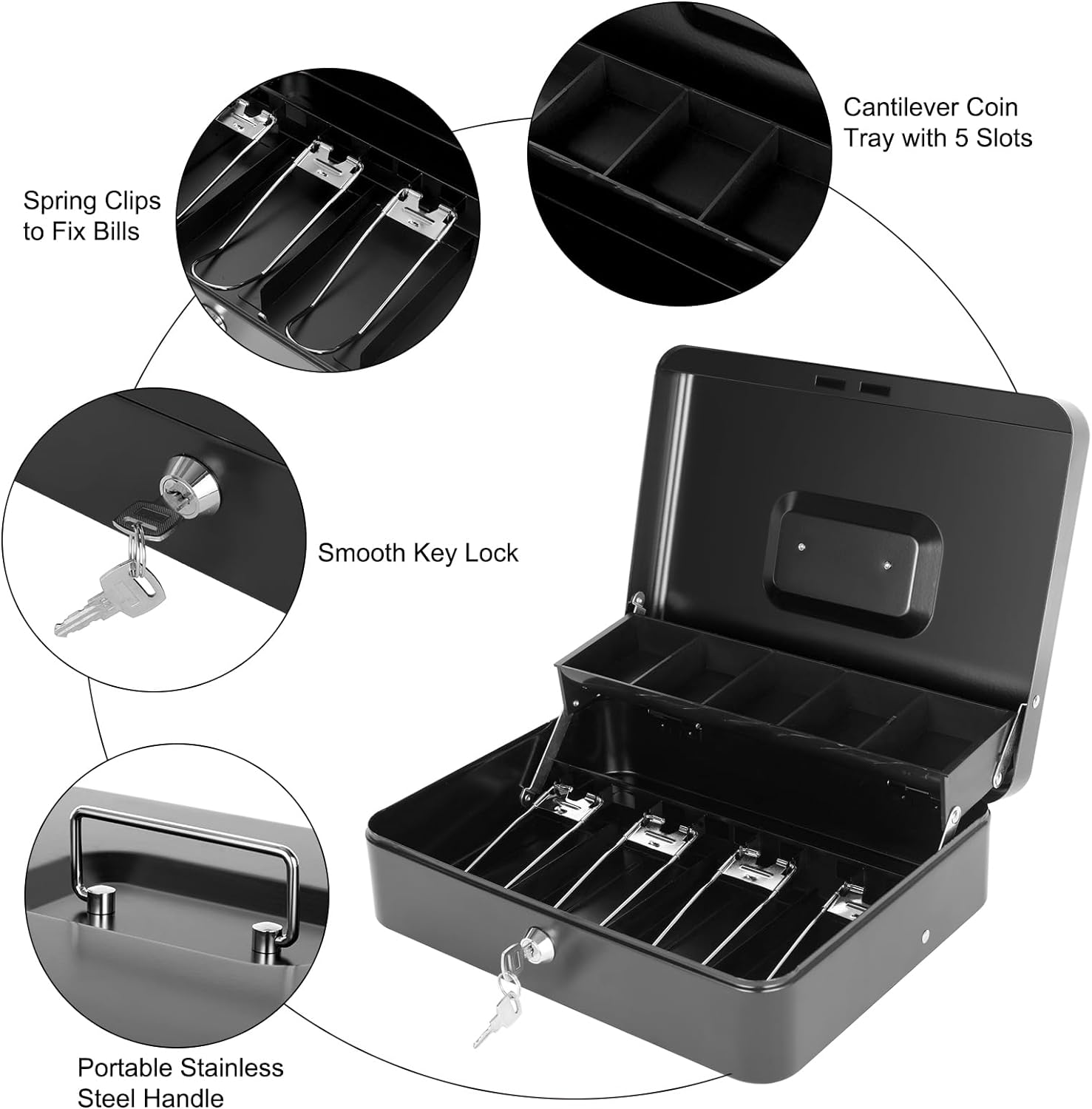 Cash Box with Lock Key and Money Tray - Large Money Box for Cash Register, Metal Lock Box for Money Safe 11.8" x 9.4" x 3.54" Black thumbnail