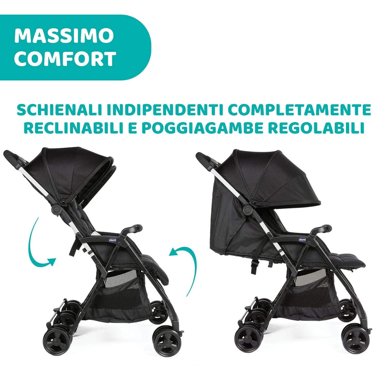 Chicco OHlalà Twin Passeggino Gemellare Doppio da 0 Mesi a 15 kg, Passeggino Leggero Reclinabile e Pieghevole, Chiusura Compatta, Poggiagambe Regolabili, Parapioggia e Capottina Estendibile, Nero