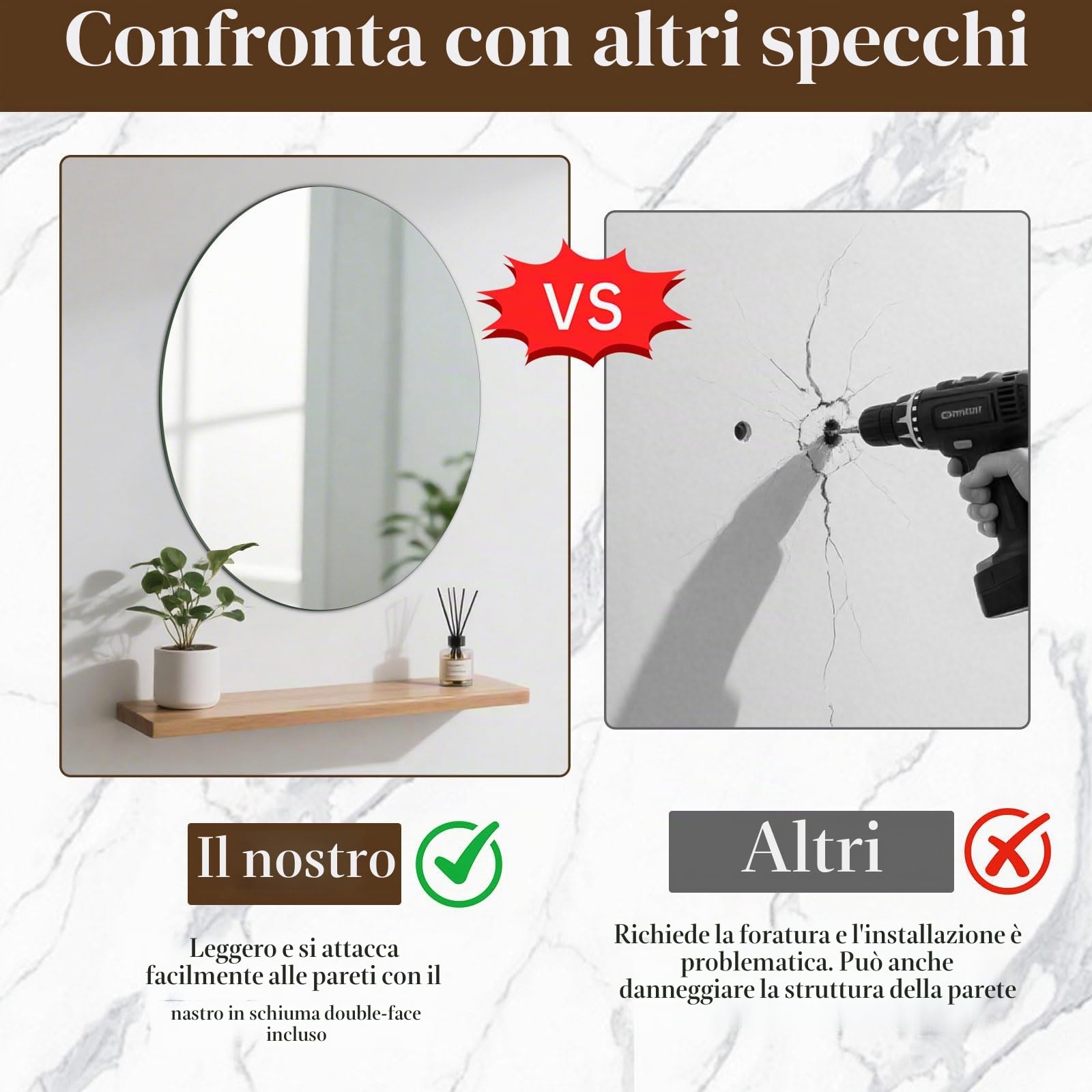 TSKDKIT Specchio da Parete Ovale 50x40cm, Specchio Adesivo Senza Bordo Specchio Ovale Autoadesivo in Vetro Grande senza Distorsione Specchio HD Decorativo per Bagno, Ingresso, Camera da Letto