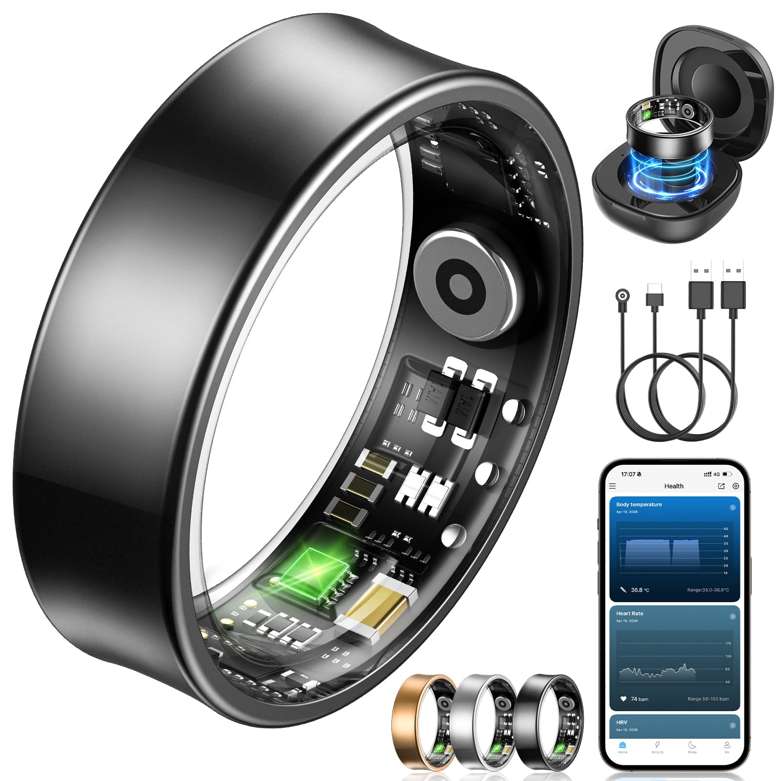 NAIXUES Bague Connectée Homme Femme, Smart Ring avec Commande Gestuelle, Fréquence Cardiaque, SpO2, Sommeil, 170+ Modes Sportifs, Smartwatch 5ATM Podomètre pour Android iOS, Taille 9, Noir