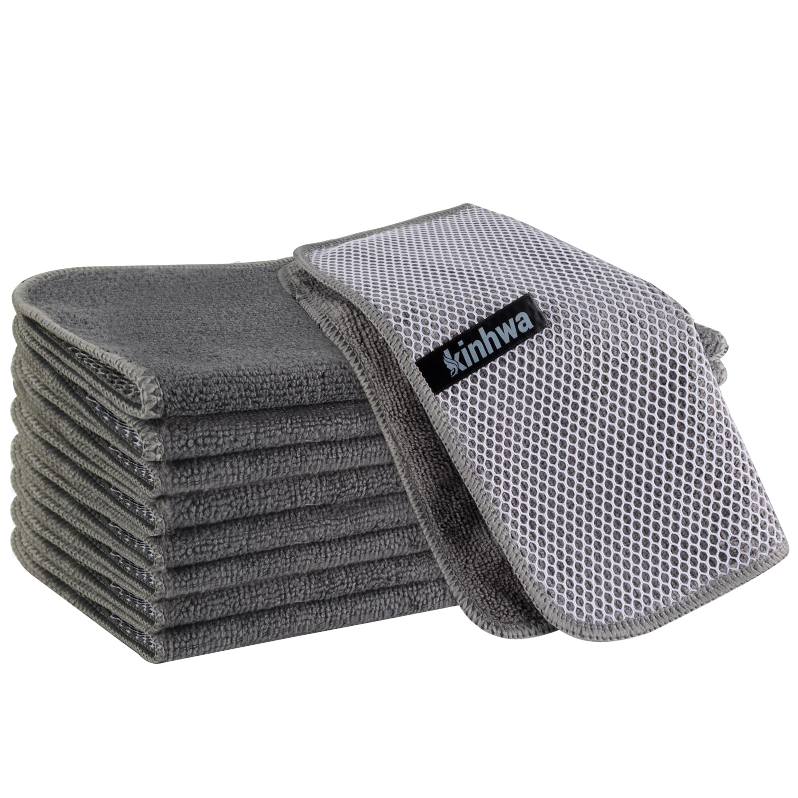 KinHwa Kitchen Washcloths for Dishes Absorbent Microfiber Dish Cloths Quick Dry Dish Rags with Poly Scour Scrub Side Ideal for Kitchen Cleaning (Gray,