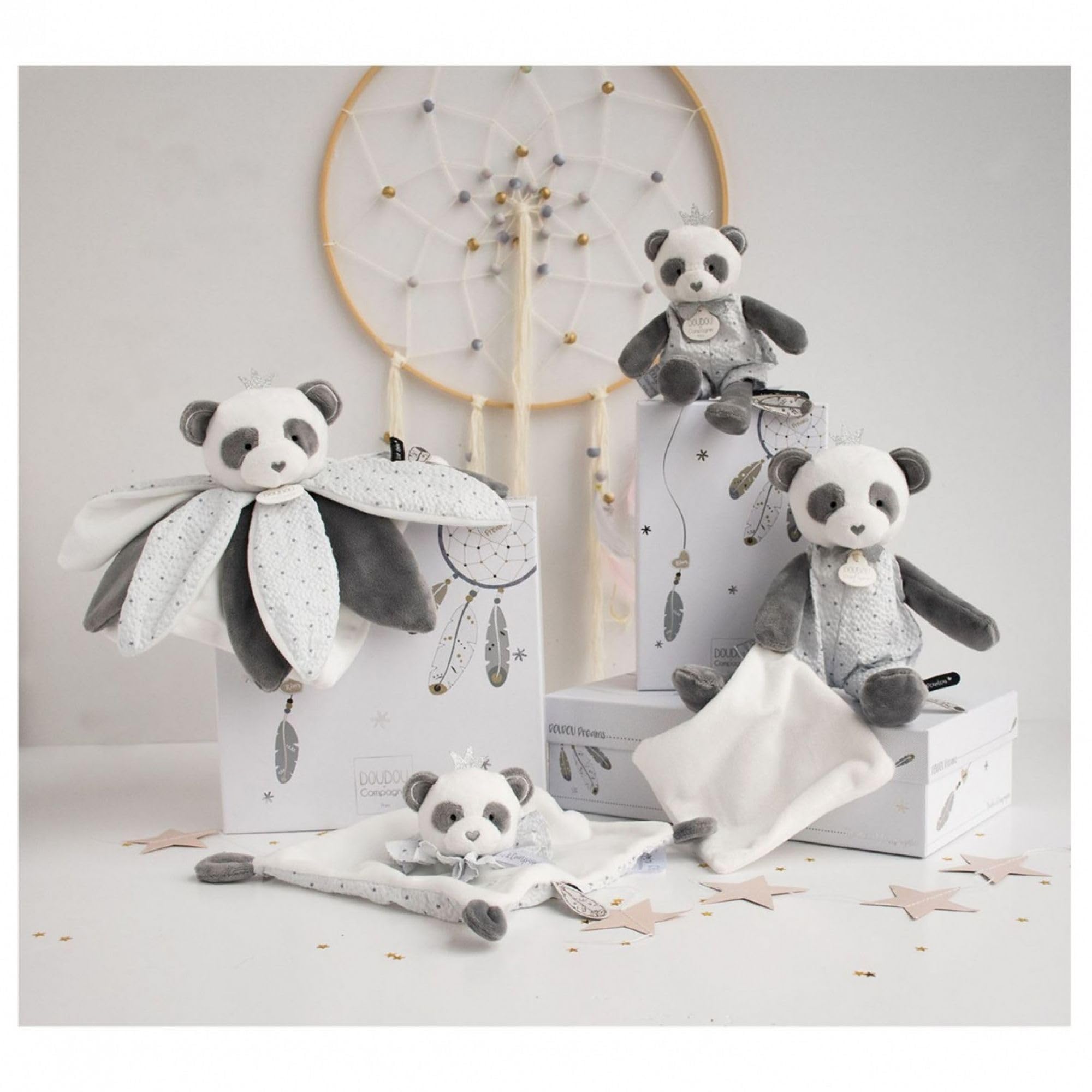 Doudou plat Panda Attrape-rêve Doudou et Compagnie 20 cm Gris