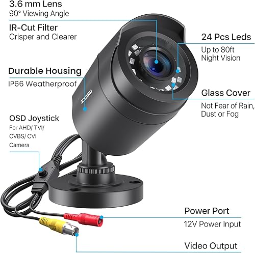 Miniatura 8 de ZOSI 2.0MP 1080p 1920TVL Cámara de seguridad para interiores y exteriores, cámara CCTV híbrida 4 en 1 TVICVIAHDCVBS, visión nocturna IR de 80 pies,
