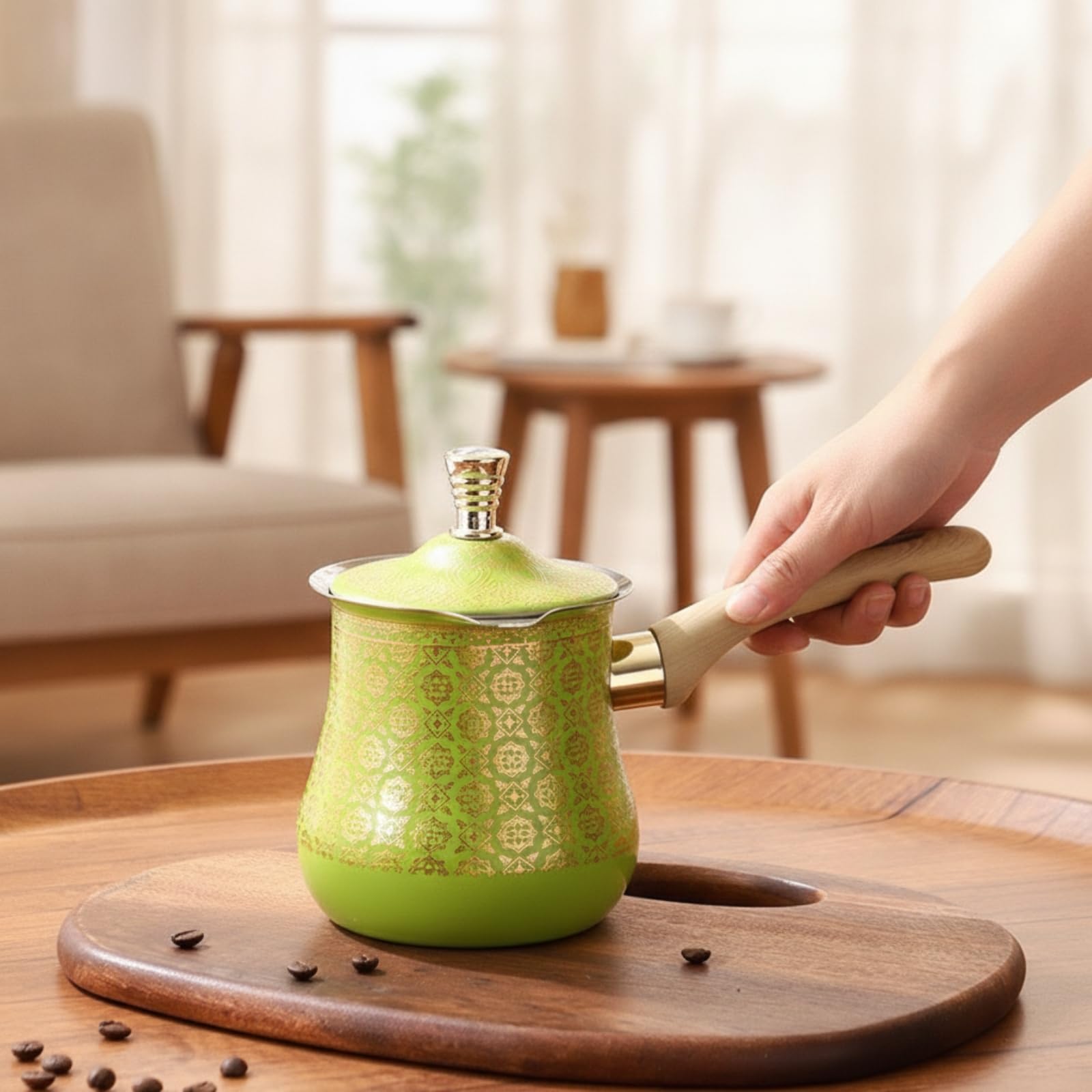 Sharplace Türkischer Kaffeekocher Kaffeekanne Saucentopf aus Edelstahl mit Holzgriff Und Ausgusstülle Glänzende Beschichtung Dekorativer Deckelknauf für Kochen Büro Zuhause, 720ML, Pattern 10
