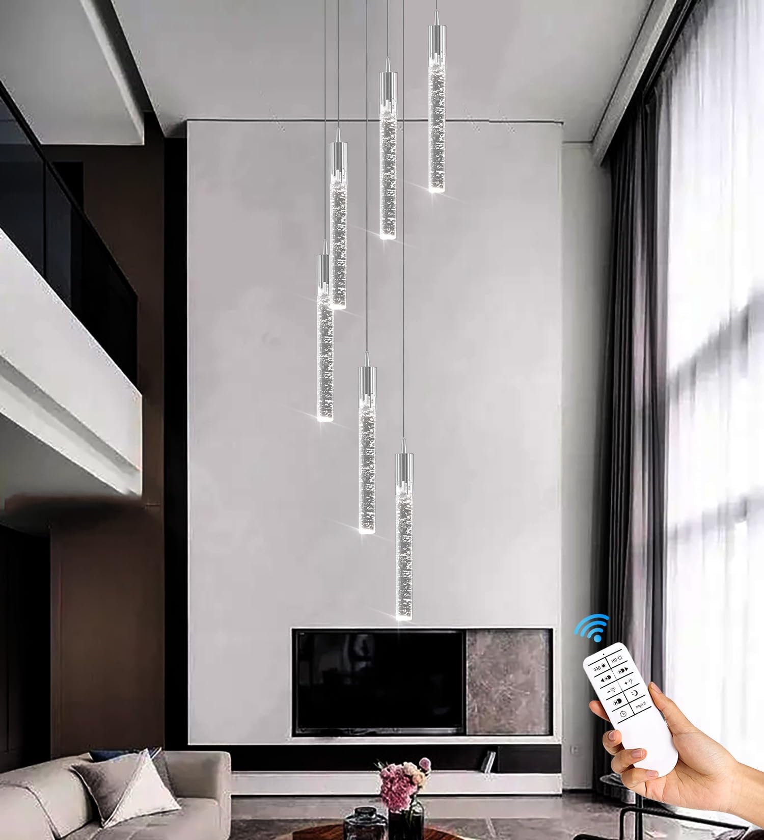 Lámpara de Techo Moderna de 6 Luces con Cristales en Forma de Burbuja - Lámpara Colgante LED Regulable Estilo Loft para Sala de Estar y Comedor, 178 cm de Largo, 2700K/4500K/6000K,