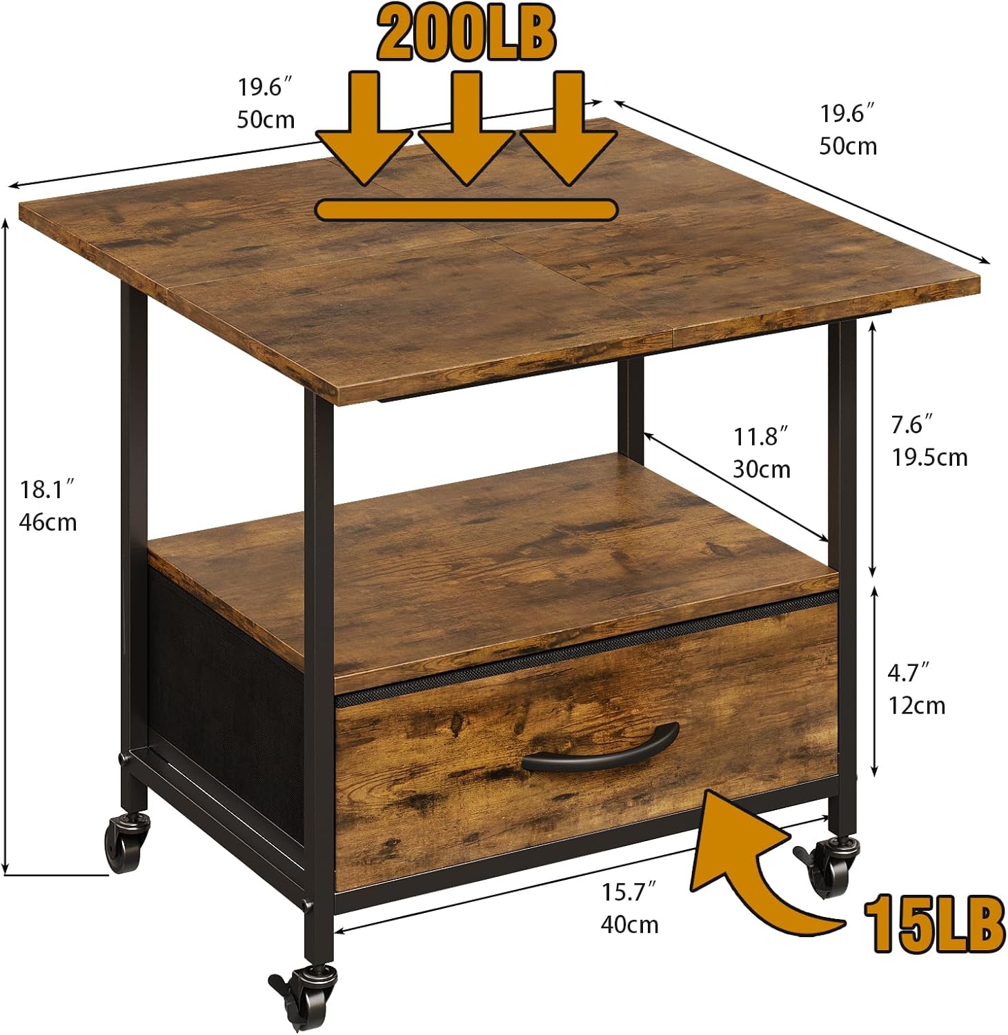 Mini Fridge Stand with Fabric Drawer, 2-Tier 19.6" Heavy Duty Mobile Refrigerator Table Cart with Wheels, Microwave & Printer Shelf for Dorm, Office, Kitchen,Max Load 300 LBS (Brown)