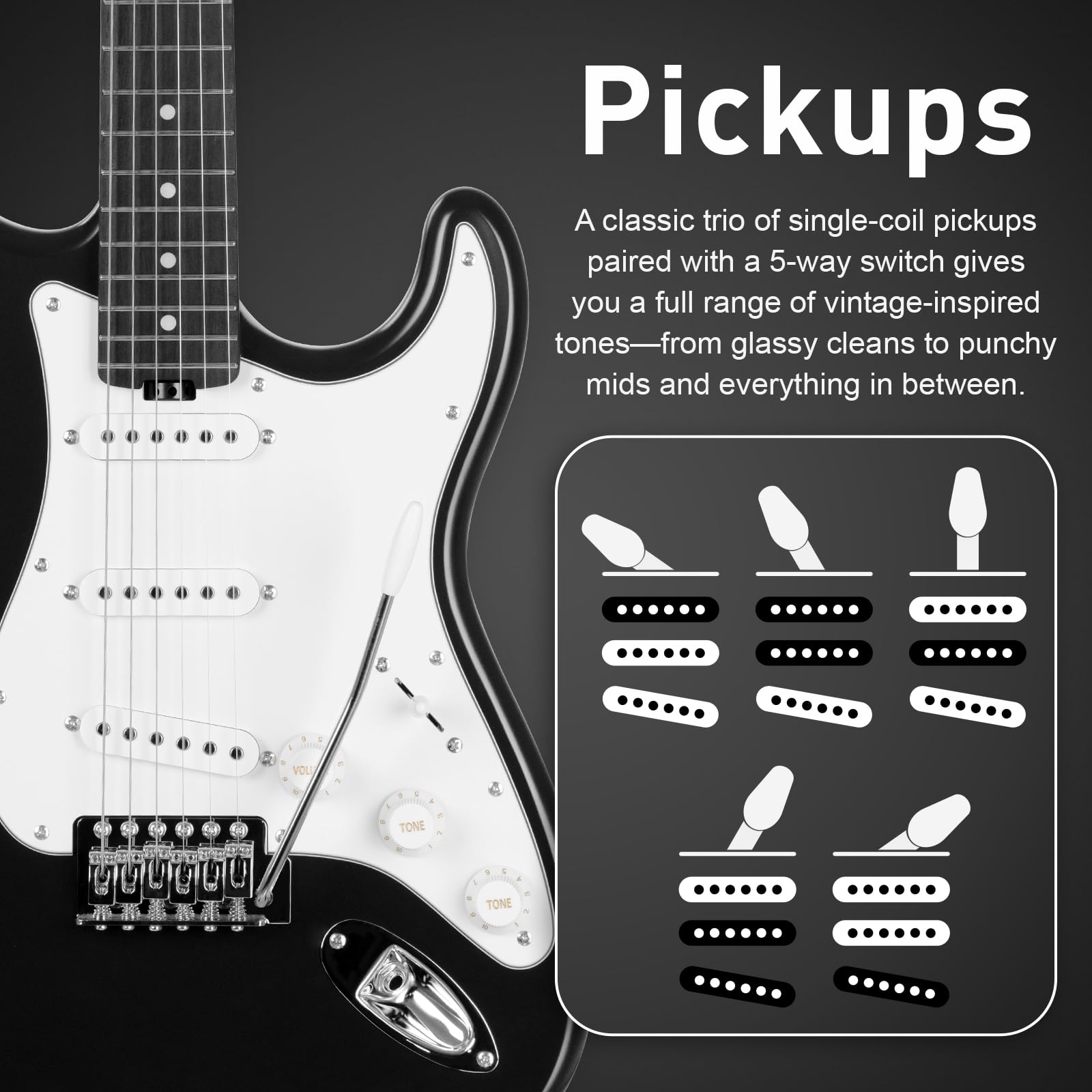SONICAKE Guitare Électrique 39" Taille Standard avec Micros Classiques SSS, Corps Léger, Tremolo, Frettes Lisses et Truss Rod Réglable QGT-10 (Noir)
