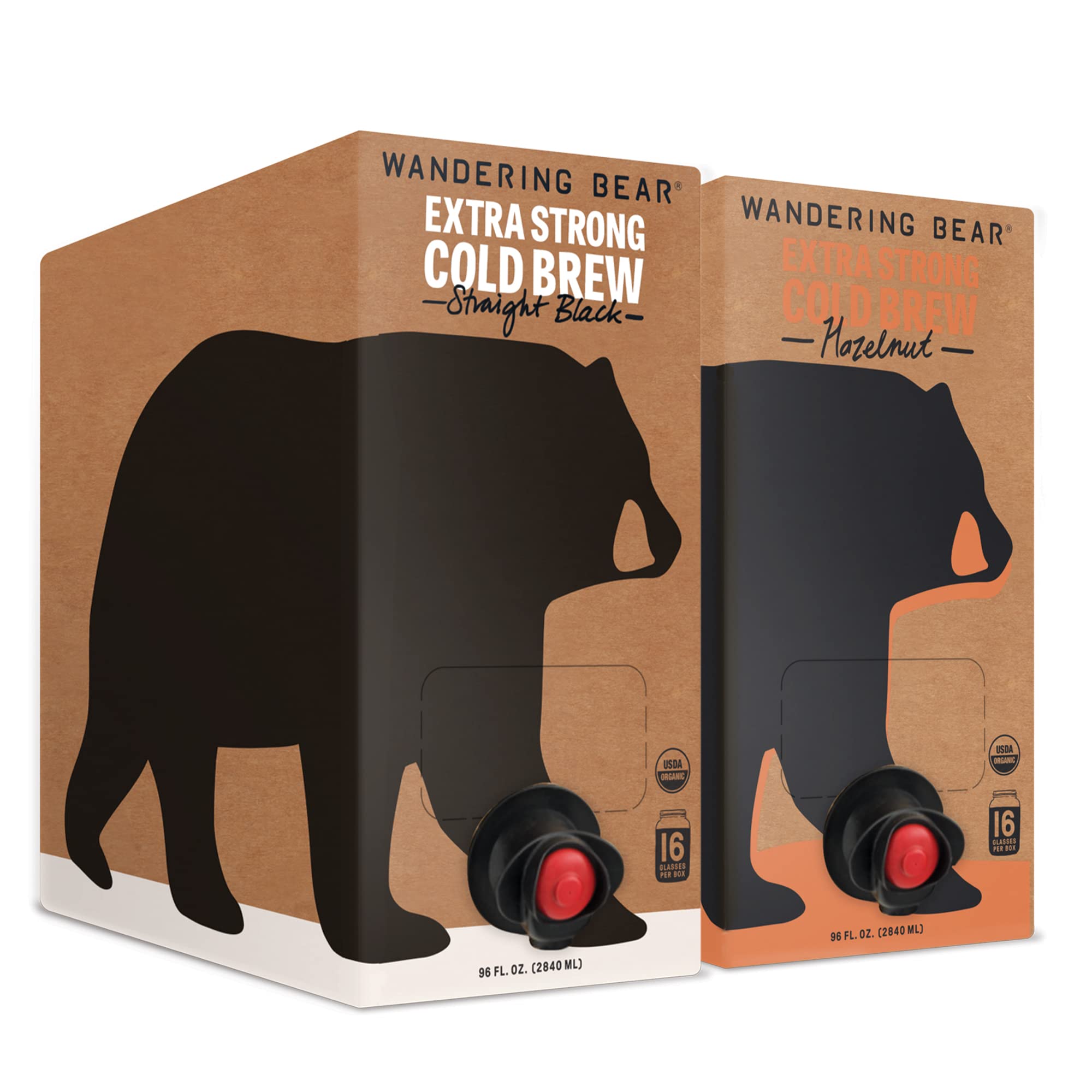 Wandering BearCold Brew Coffee, Straight Black & Hazelnut Bundle, 96oz, 2 pack - Organic, Smooth, Shelf-Stable, and Ready to Drink