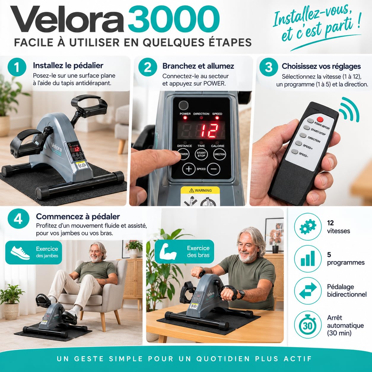 Mini Pedalier Eléctrico Motorizado para Piernas y Brazos, Dispositivo de Ejercicio Sentado con 12 Niveles de Velocidad, 5 Programas, Control Remoto Pantalla LCD, Alfombra Antideslizante, Rotación