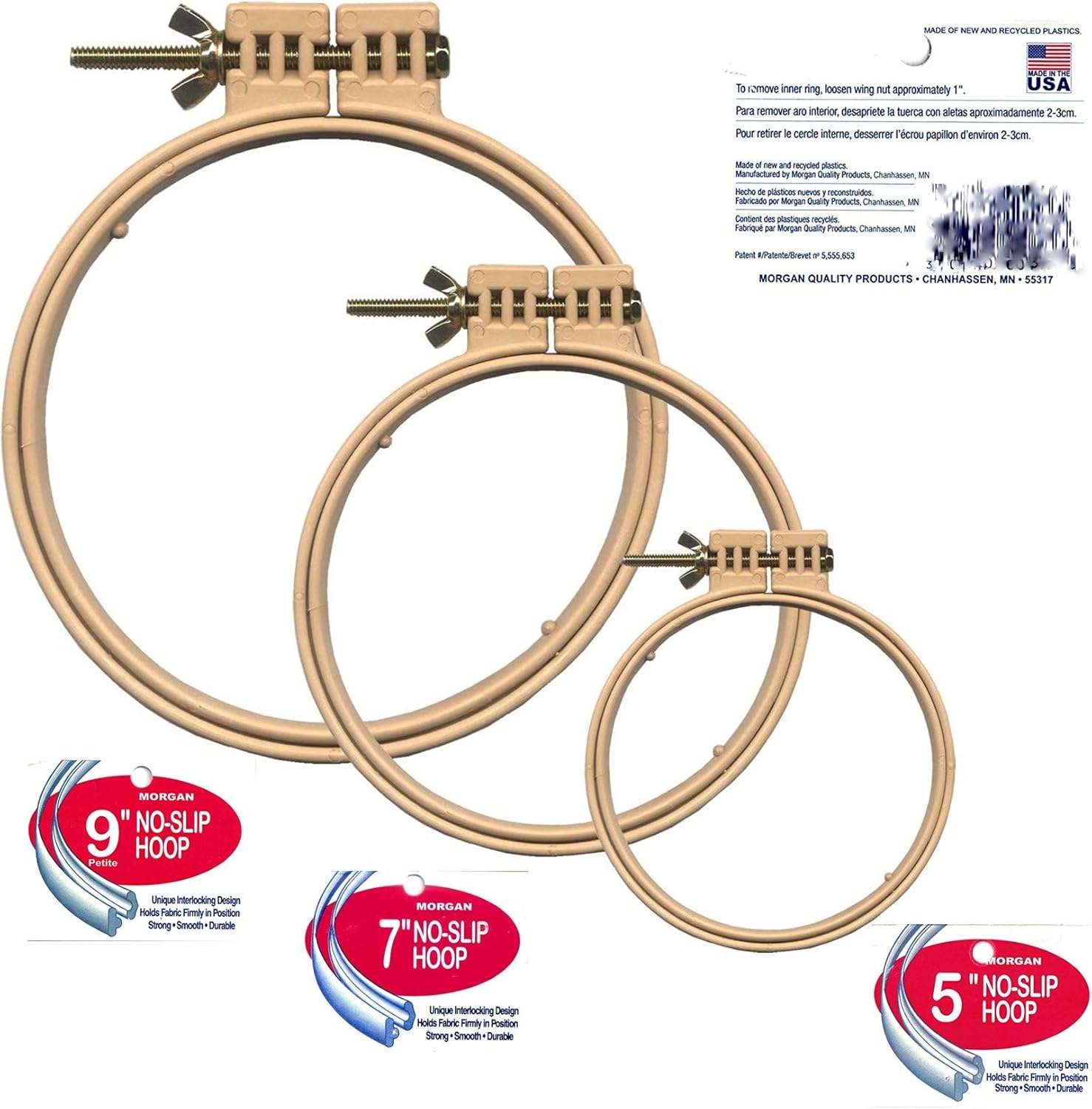 Morgan Quality Products No-Slip Embroidery Hoops Bundle, Interlocking Tongue and Groove Design (9", 7", and 5")