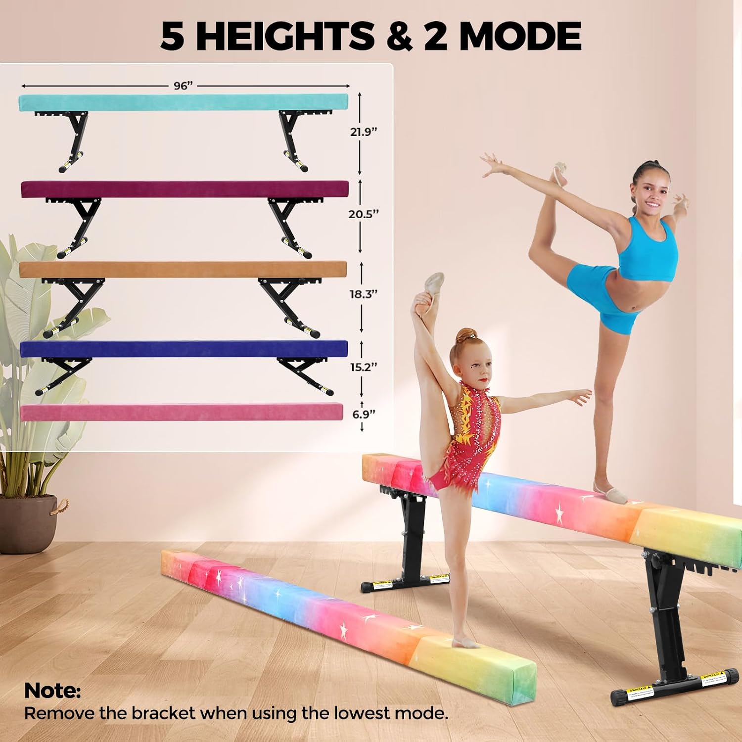 fincome balance beam adjustable 8ft, high and lower floor beam gymnastics equipment for kids children, gymnastics beam with legs for home, professional training, gymnastic club use rainbow