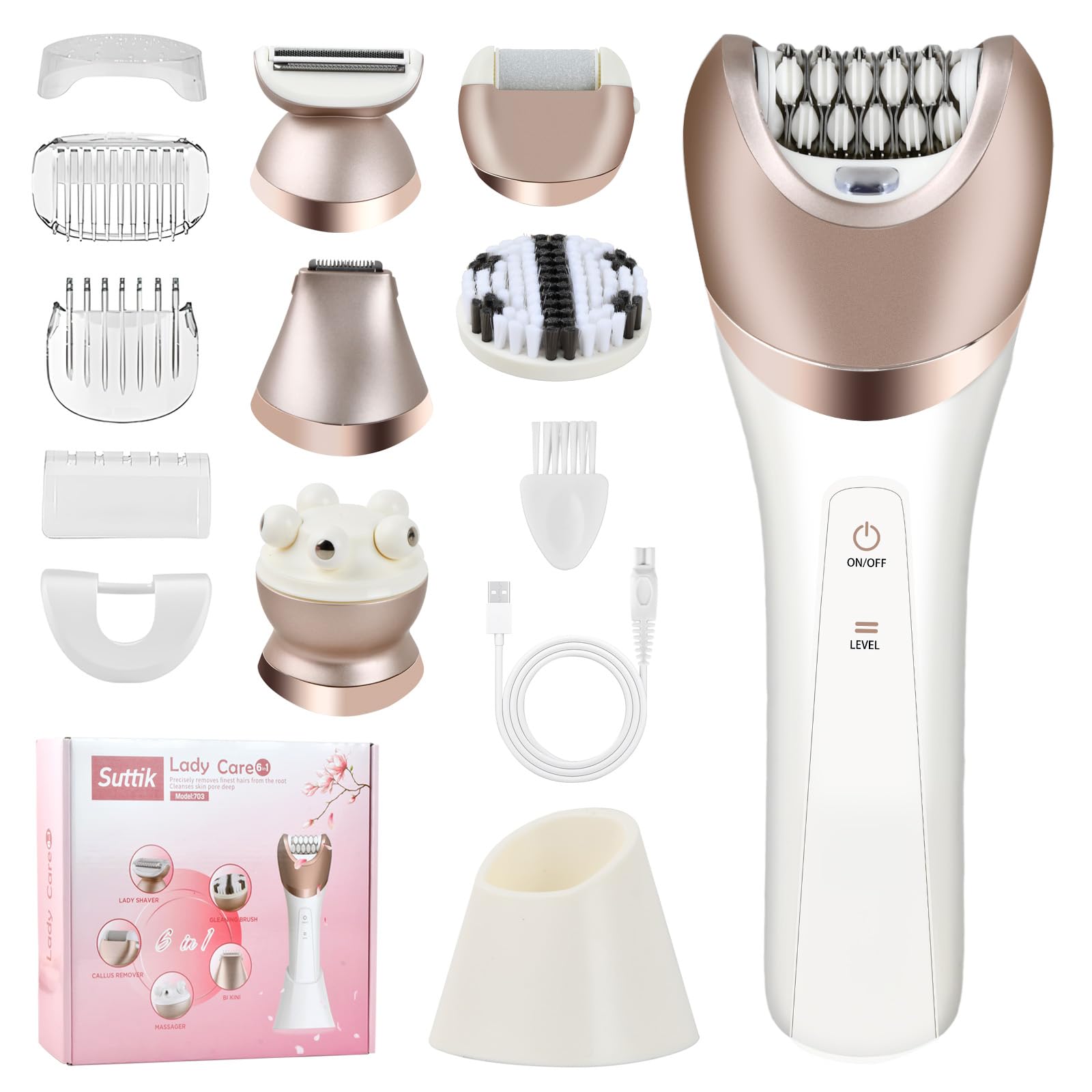 6 en 1 Afeitadora Eléctrica Mujer, Rasuradora Intima USB Recargable, Depiladora Eléctrica Mujer, Depiladora Femenina IPX7 Impermeable para Cara, Axila, Pierna y Zona Bikini