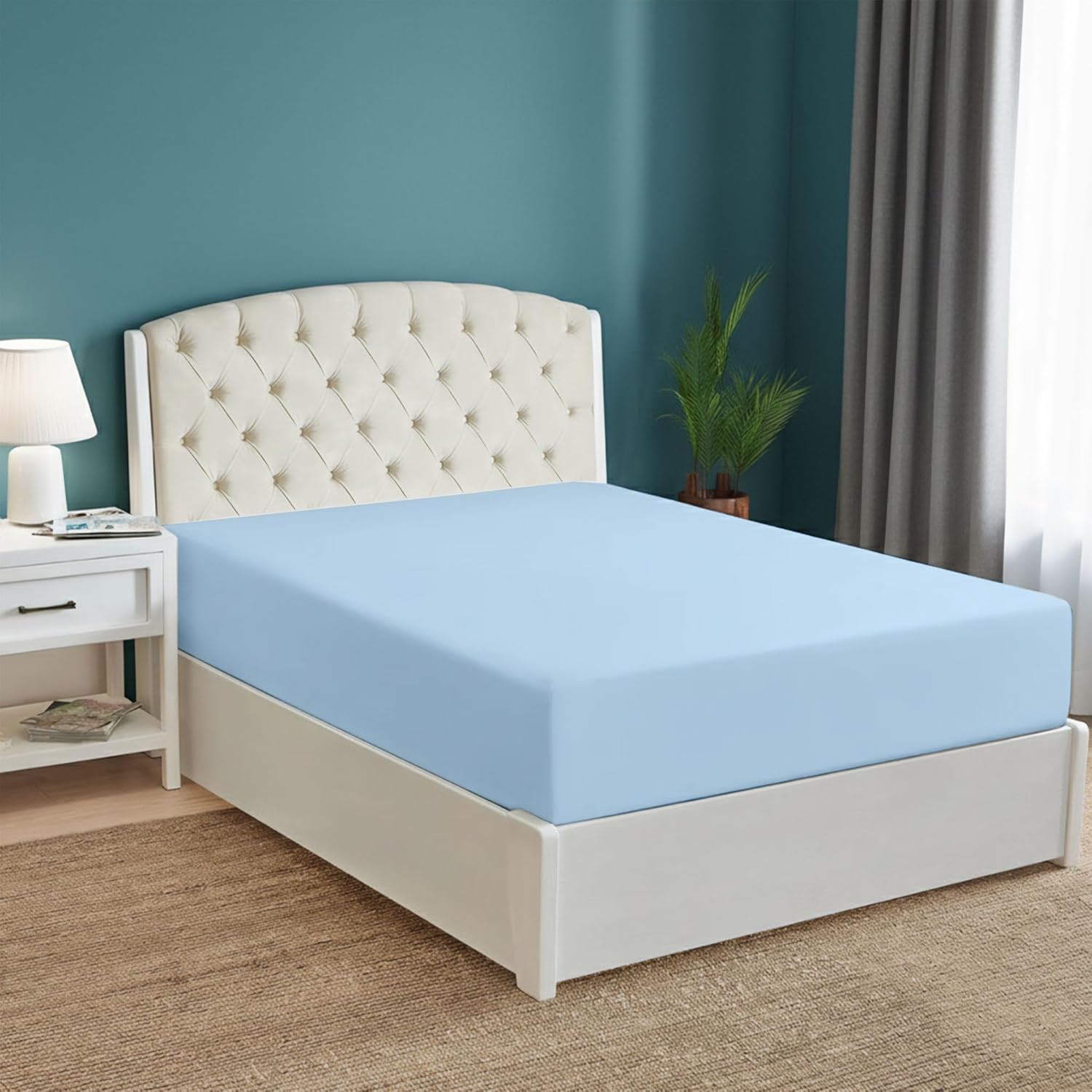 Twin Fitted Sheet Only - 100% Cotton Bottom Sheet - 16 Inch Deep Pocket Premium Cotton Mattress Sheet - Sateen Weave Luxury Hotel Quality - Light Blue