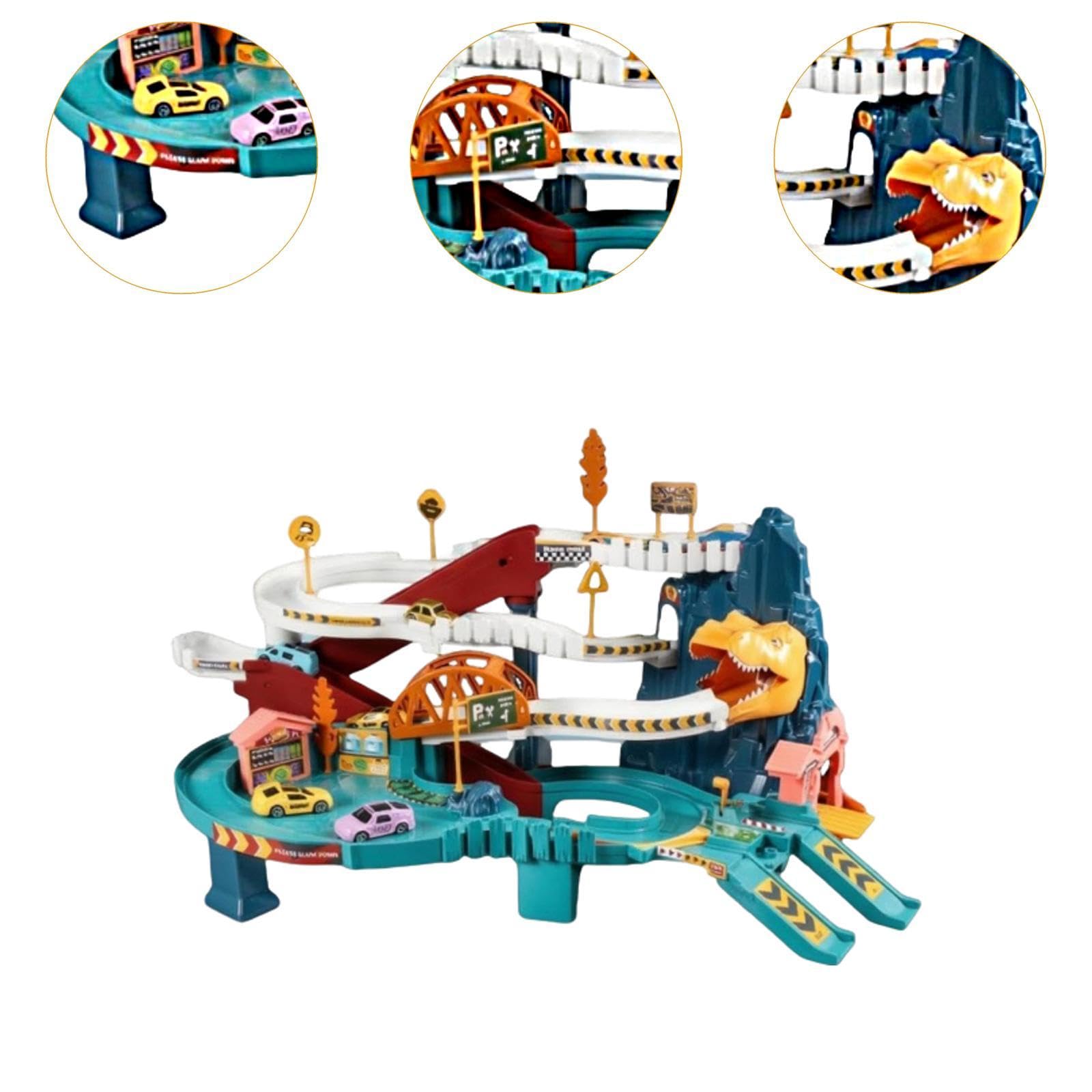 Harilla Playset Pista da Corsa con Interattivi da Interno Veicoli Set di Costruzione Pista Rampa per Giocattolo per Bambini, Dinosauro