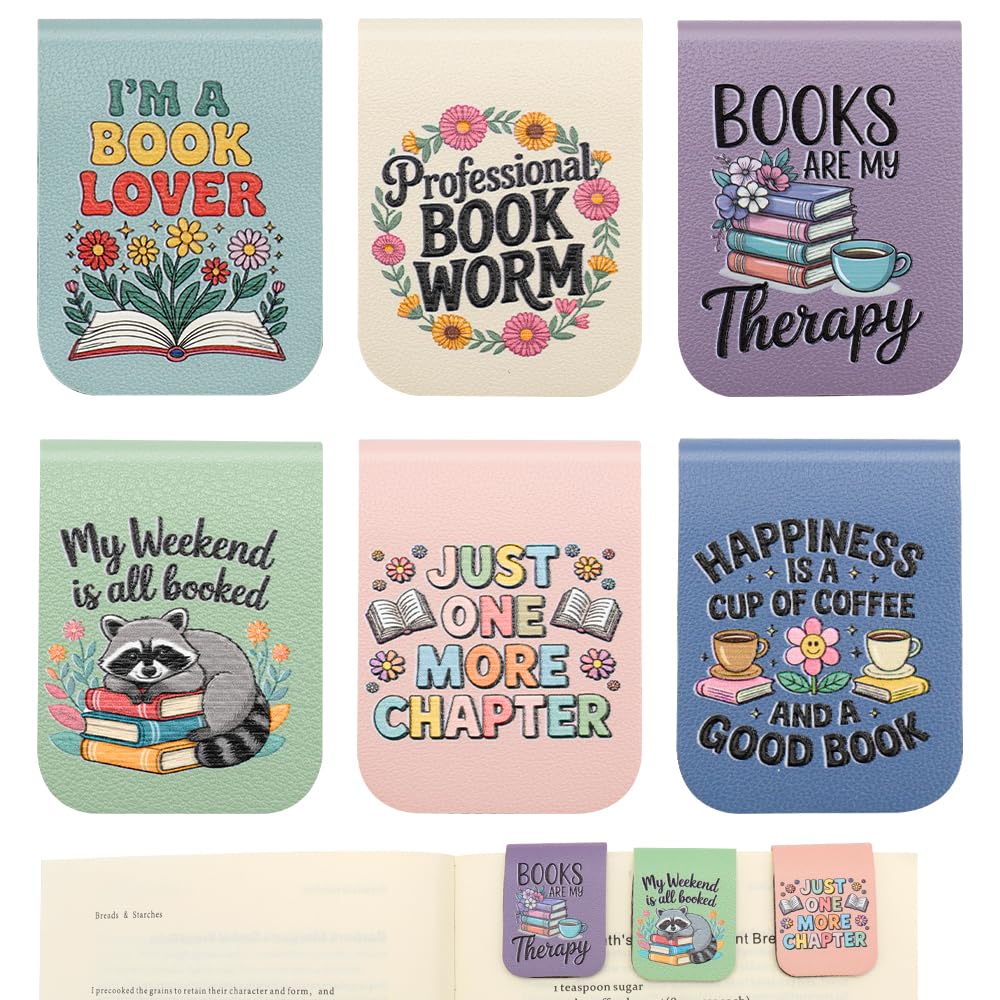 WALLFID Magnetic Bookmarks Set of 6, Inspirational & Reading Theme Designs, PU Leather Magnetic Page Marker Clips for Books & Journals, Book Marks for Women, Readers & Book Lovers (Study)