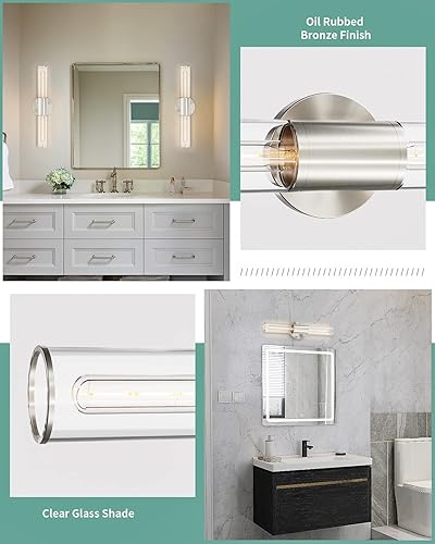 Miniatura 3 de Lámpara de tocador de baño, lámpara de pared de níquel cepillado de 2 luces con vidrio transparente, lámpara de pared plateada E26 para interior,