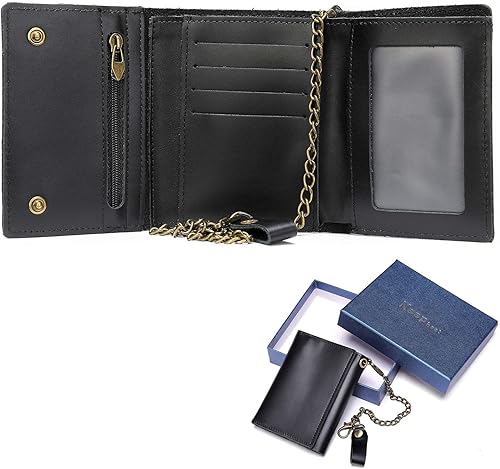 NIUCUNZH Cartera pequeña de cuero genuino para hombre con cadena con ventana de identificación y bolsillo con cremallera, bloqueo RFID, Negro -,