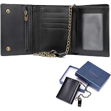 NIUCUNZH Men's Trifold Wallet Genuine Leather Small Wallet with Chain RFID Blocking Anti-Theft Chain Biker Motorcycle Black Small Casual Lightweight